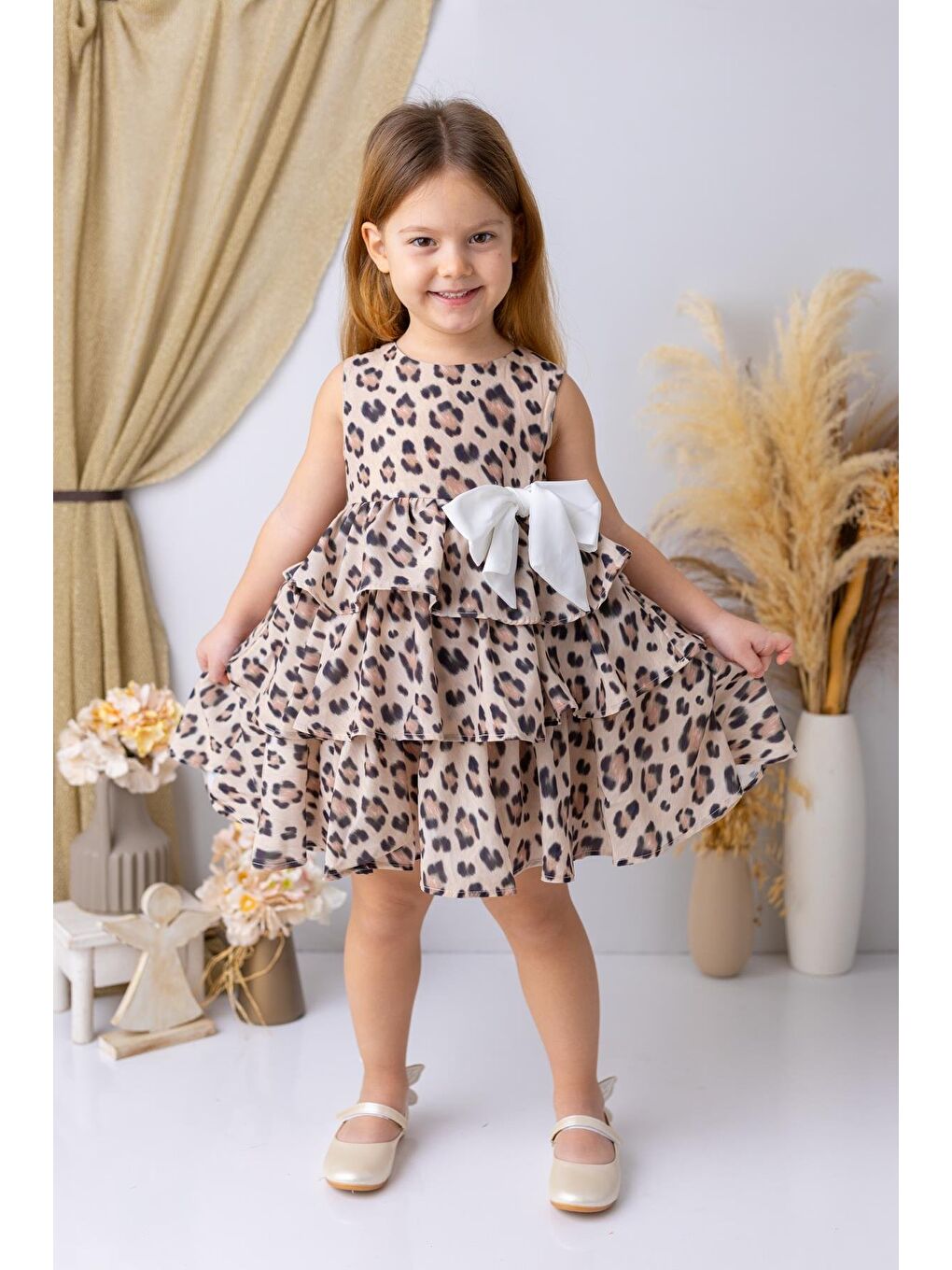 Kahverengi Kız Çocuk Leopar Desen Şifon Elbise - Leopar Desenli-1