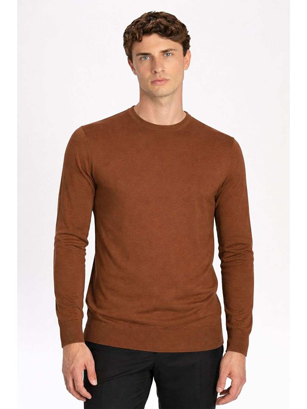 Kahverengi Bakır Standart Fit Yün Karışımlı Bisiklet Yaka Düz Erkek Triko Kazak