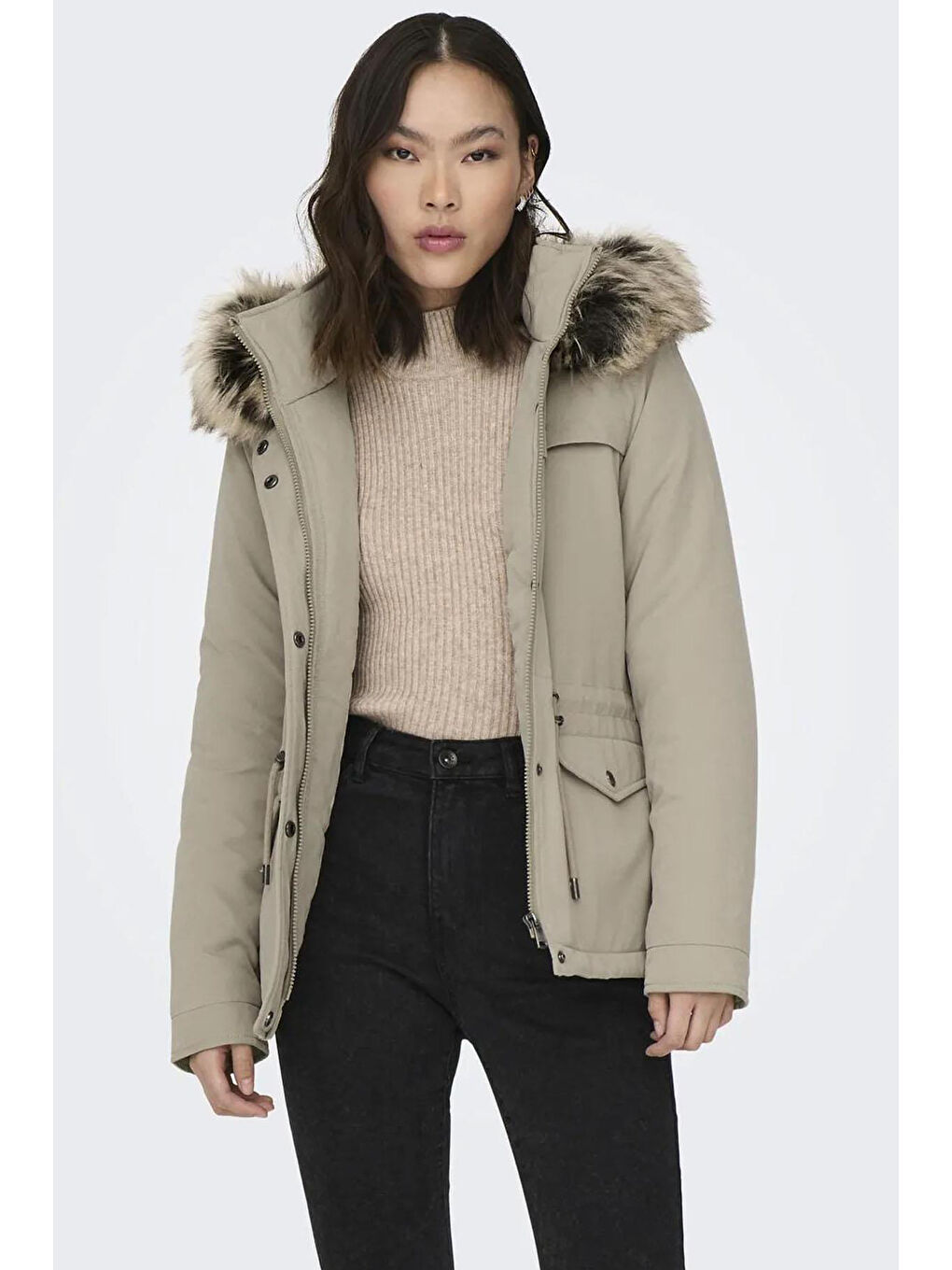 Bej Onlnewstarline Regular Fit Yumuşak Tüy Detaylı Kapüşonlu Mont  15297128-2