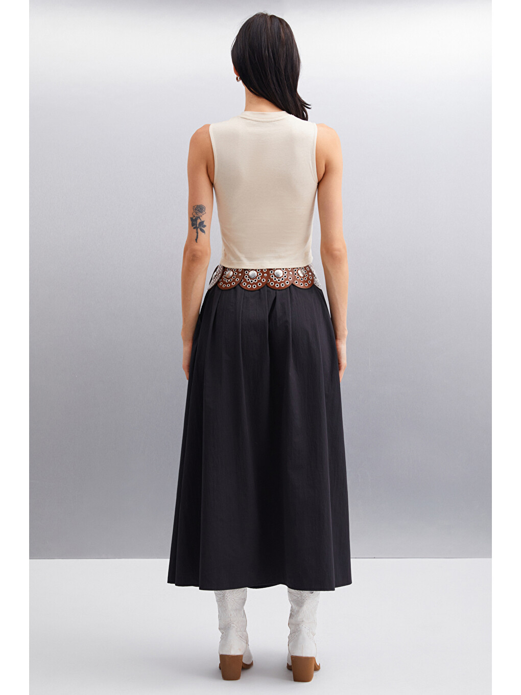 Azura Kadın Baskılı Pamuklu Kısa Kollu Crop Bej T-shirt-5