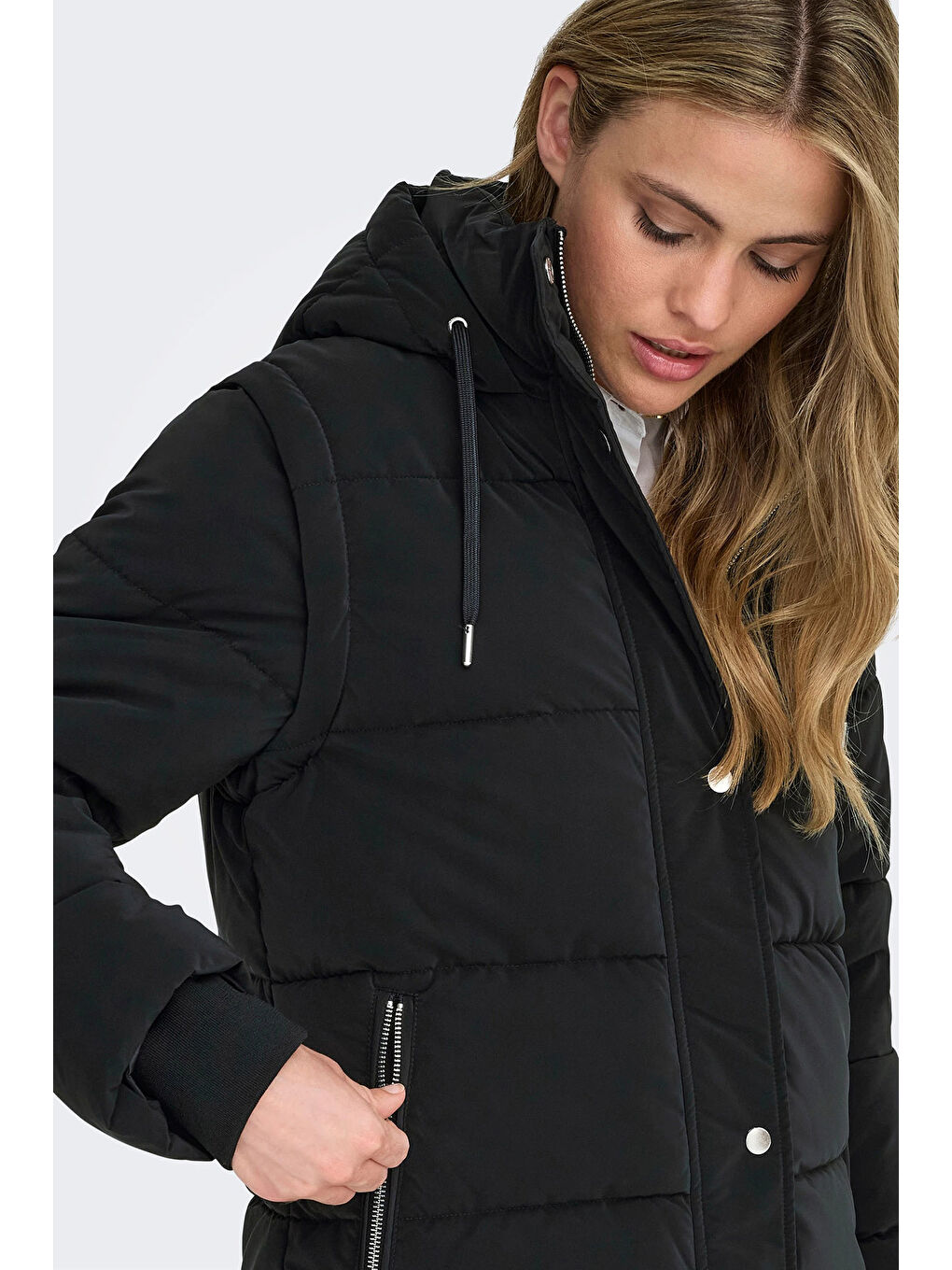 Siyah Onldixie Kapitoneli Regular Fit Kapüşonlu Uzun Mont 15349120-3