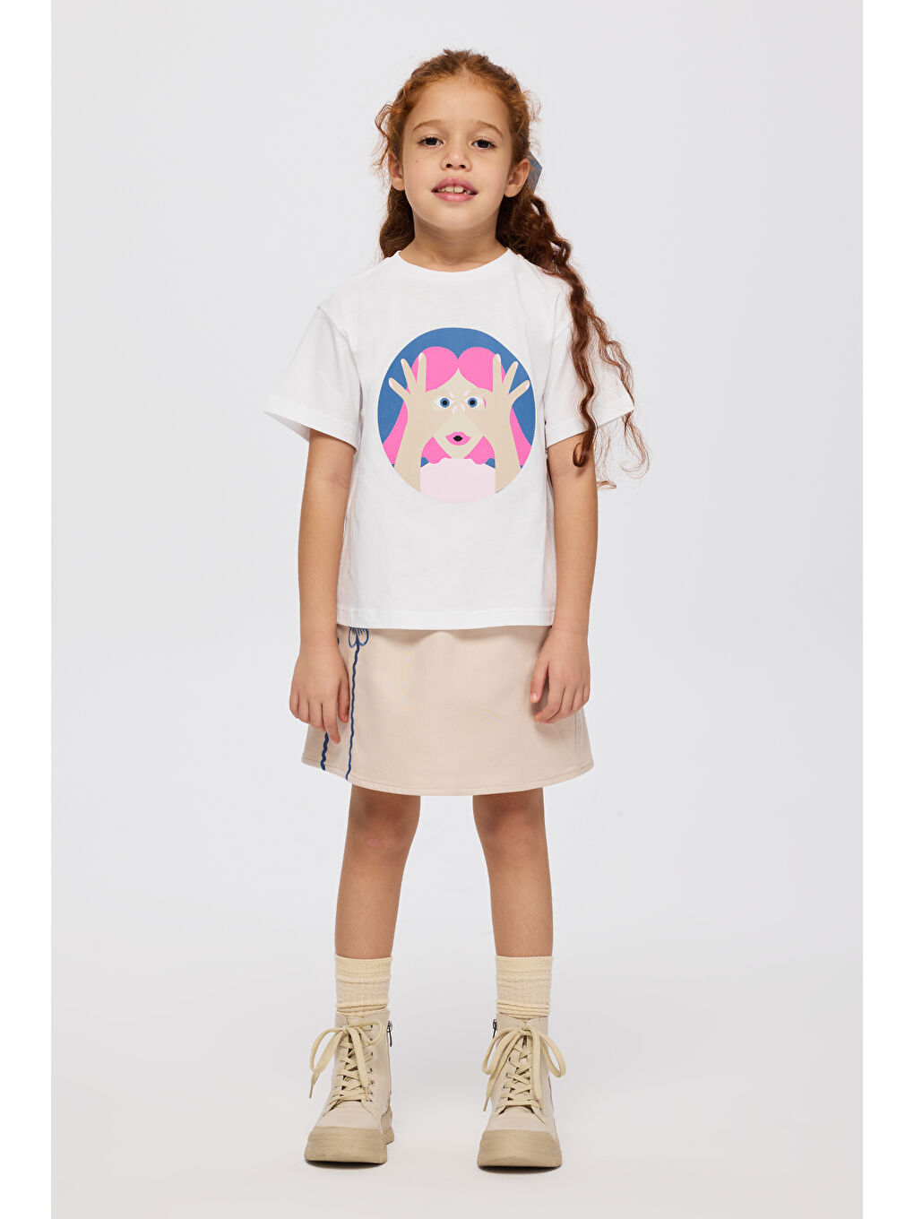 Kız Çocuk Bisiklet Yaka Baskı Detaylı Kısa Kollu Beyaz Tişört