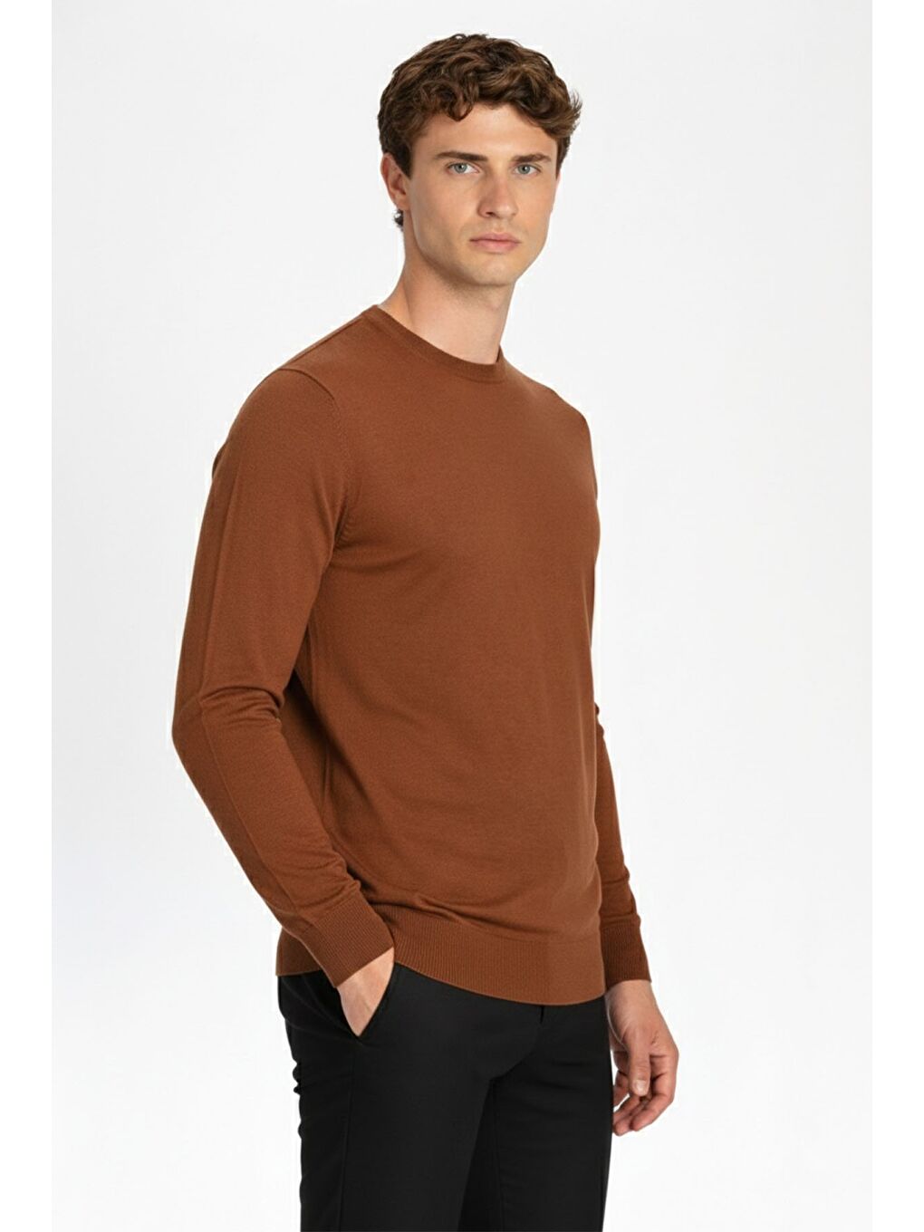 Kahverengi Bakır Standart Fit Yün Karışımlı Bisiklet Yaka Düz Erkek Triko Kazak-1