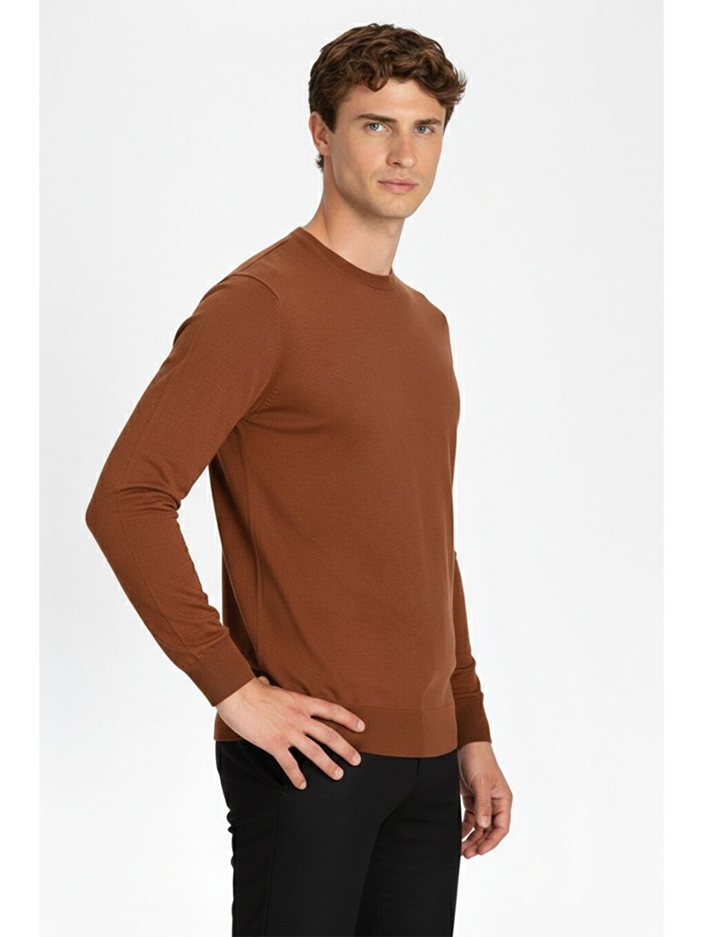 Kahverengi Bakır Standart Fit Yün Karışımlı Bisiklet Yaka Düz Erkek Triko Kazak-2