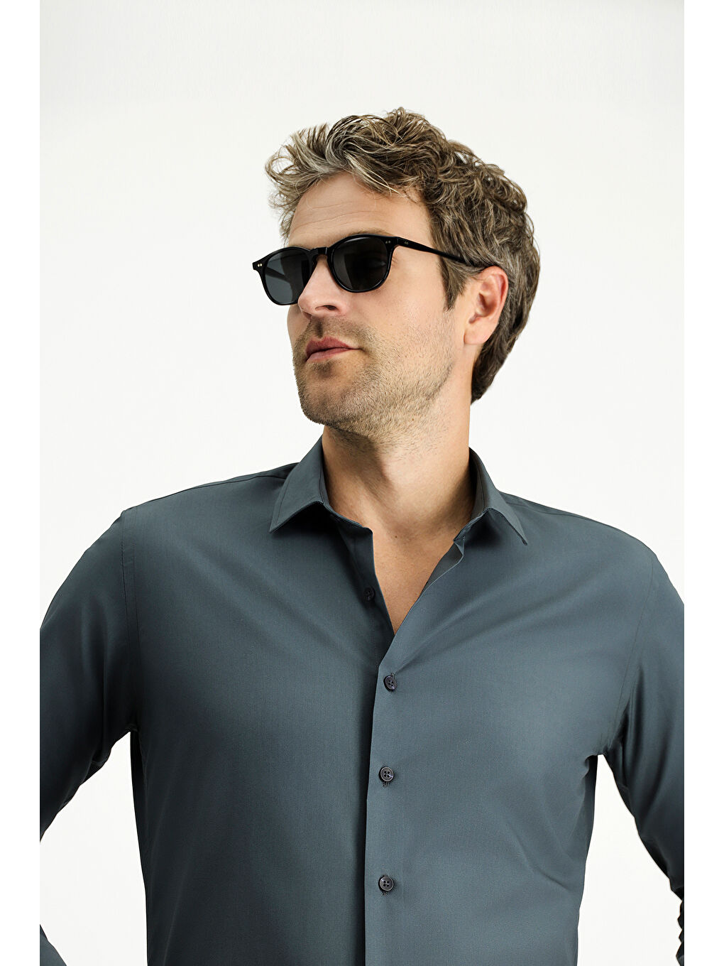 Antrasit Uzun Kol Slim Fit Dar Kesim Pamuk Klasik %100 Pamuk Gömlek-1