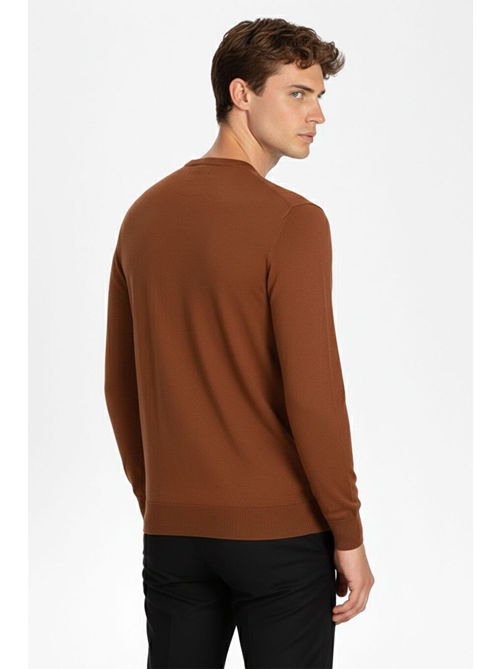 Kahverengi Bakır Standart Fit Yün Karışımlı Bisiklet Yaka Düz Erkek Triko Kazak-3
