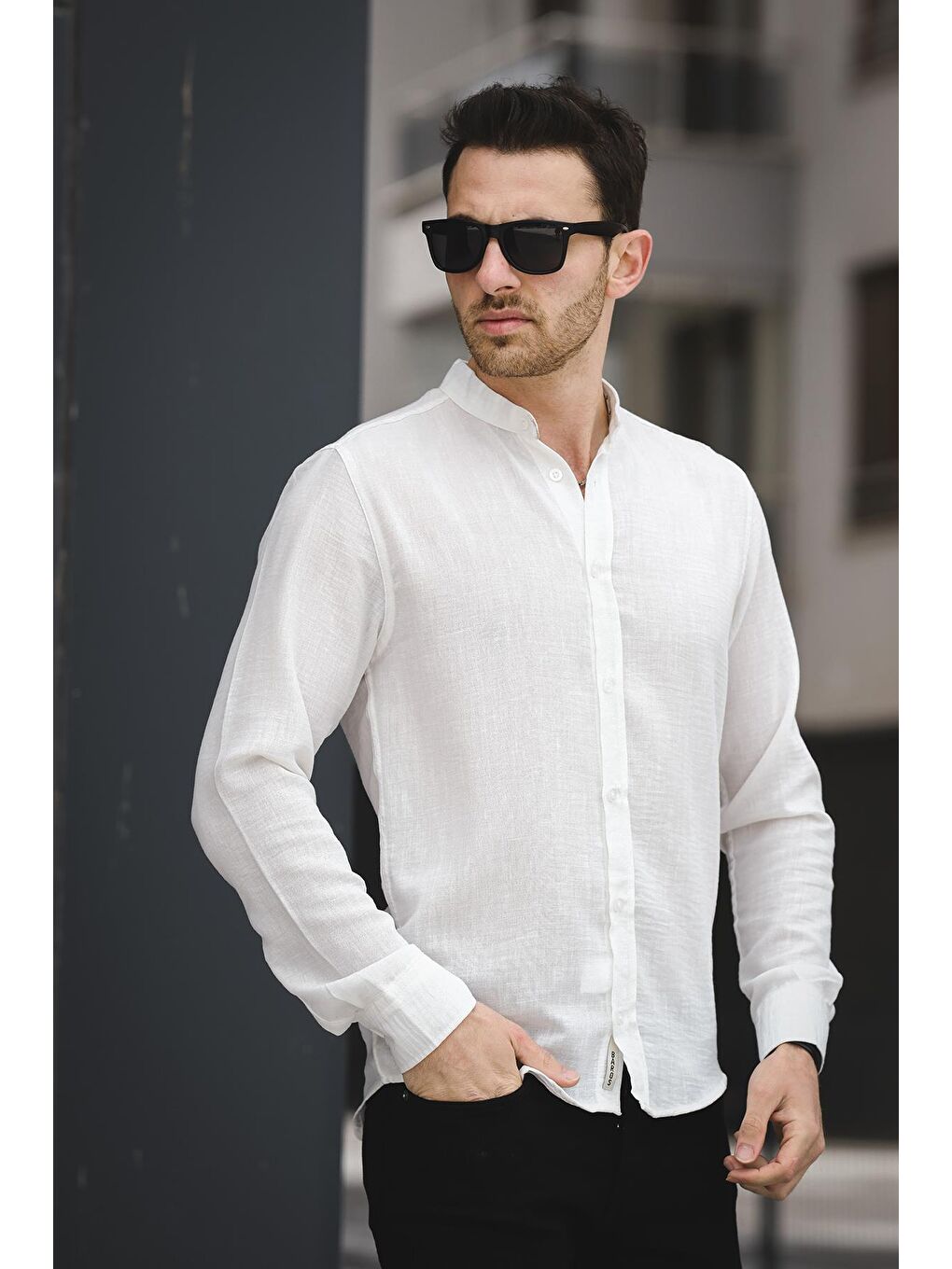 Beyaz Kırınkıl Desen Hakim Yaka Erkek Gömlek-2