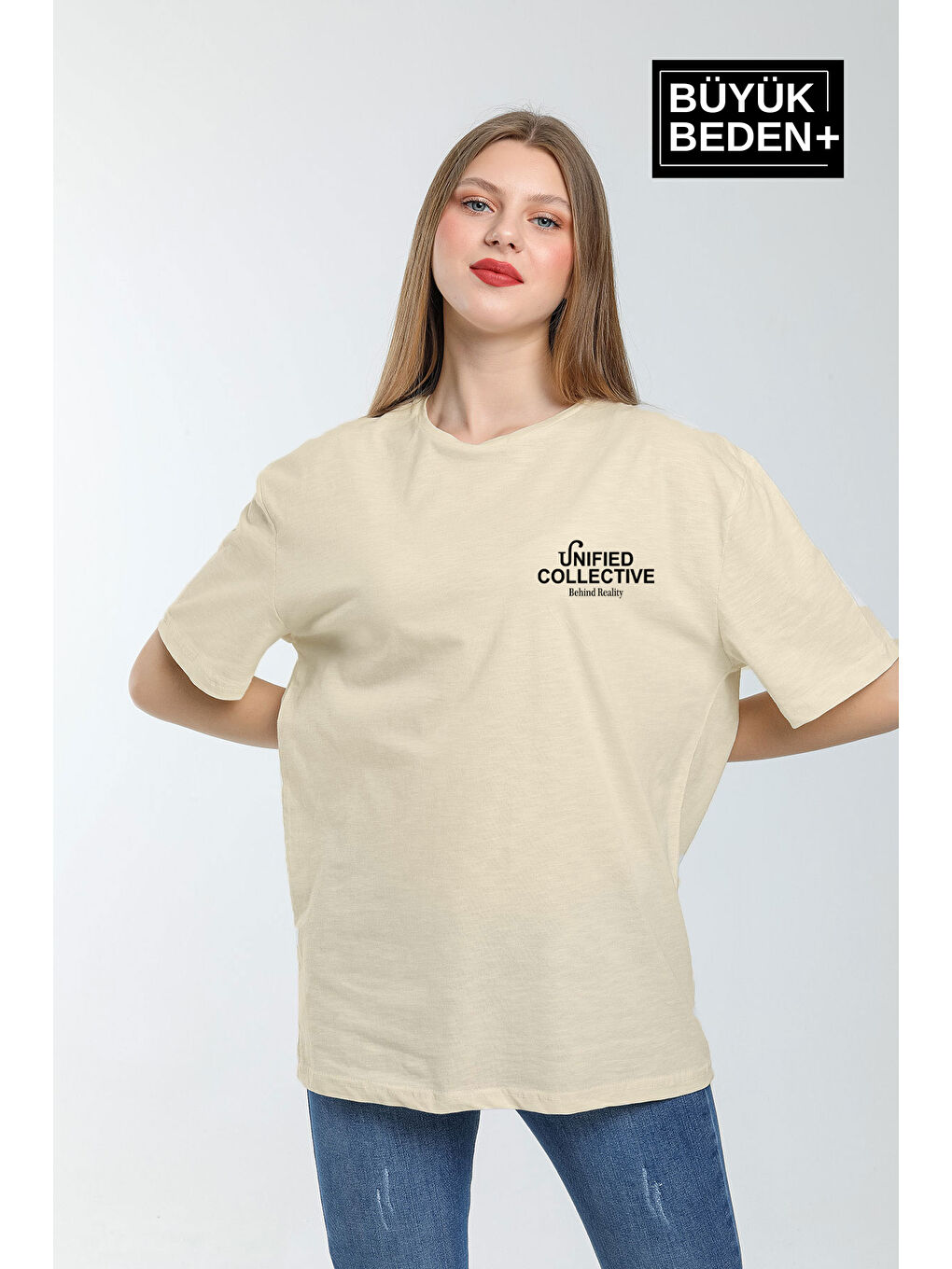 Bej Kadın Büyük Beden Unified Collective Baskılı Bisiklet Yaka Tshırt SPR25BTSK905