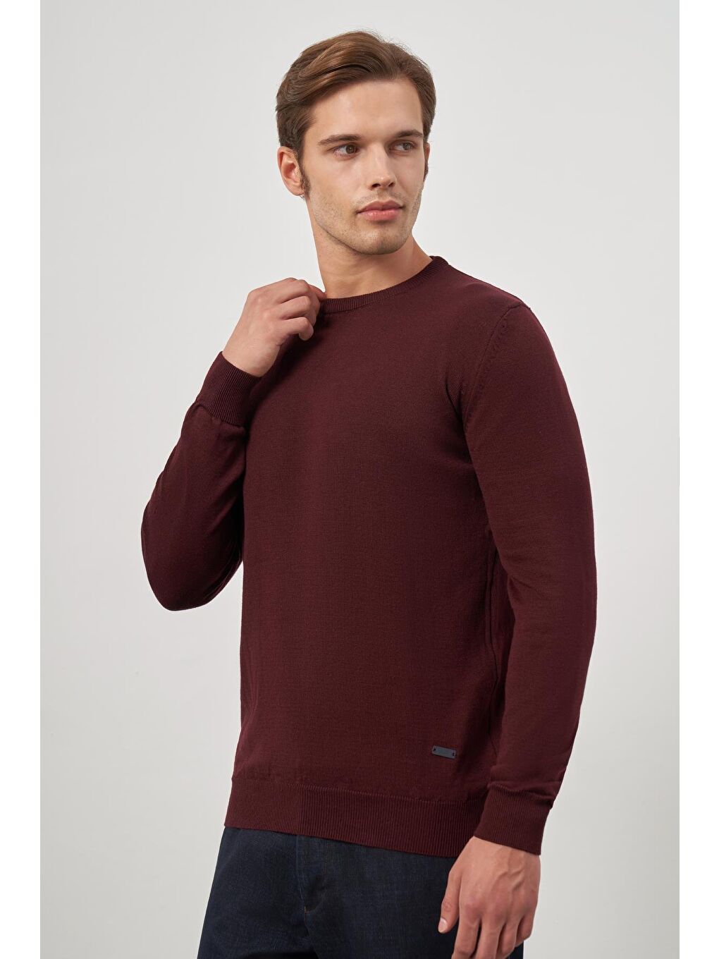 Bordo Uzun Kol Düz Örme Bisiklet Yaka Classic Comfort Fit Triko 1012245006