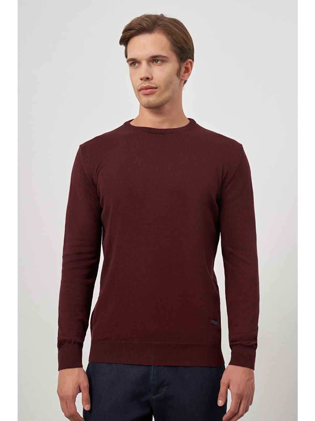 Bordo Uzun Kol Düz Örme Bisiklet Yaka Classic Comfort Fit Triko 1012245006-1