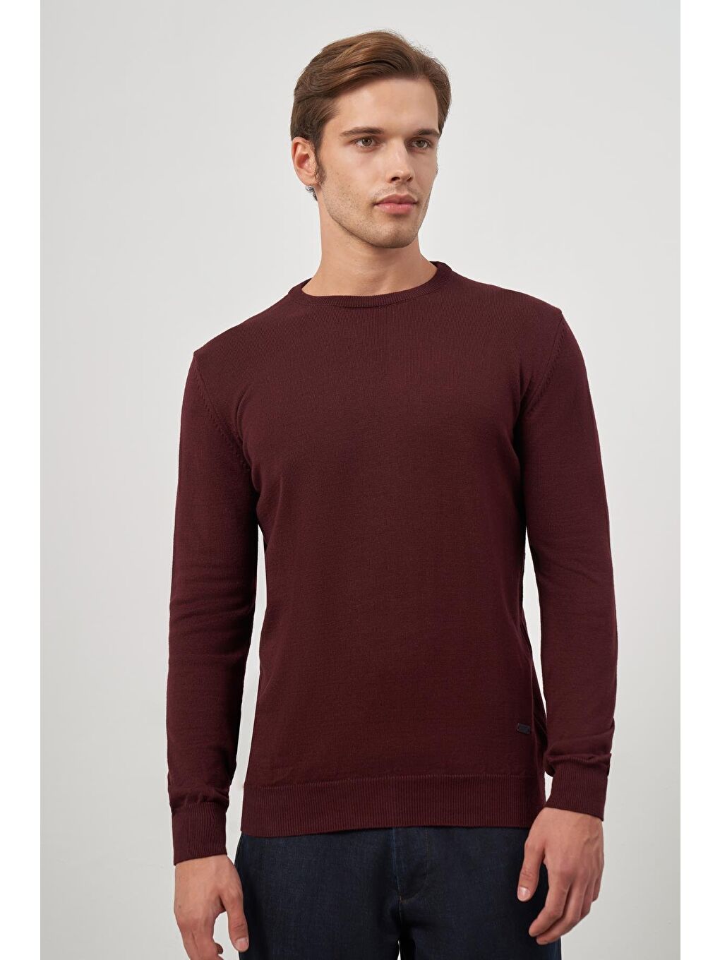 Bordo Uzun Kol Düz Örme Bisiklet Yaka Classic Comfort Fit Triko 1012245006-2