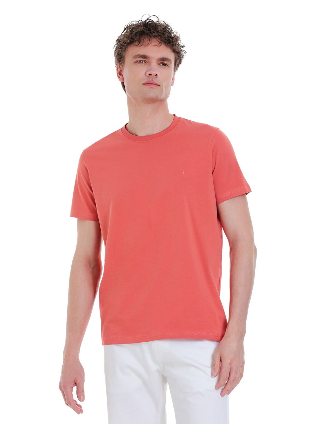 Kahverengi Kiremit Regular Fit Bisiklet Yaka Pamuklu %100 Pamuk Tişört-2