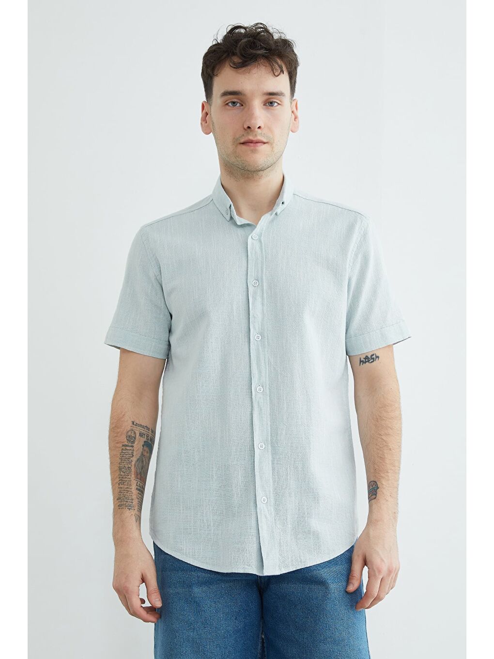 Mavi Flamlı Düğmeli Keten Görünümlü Gömlek-3