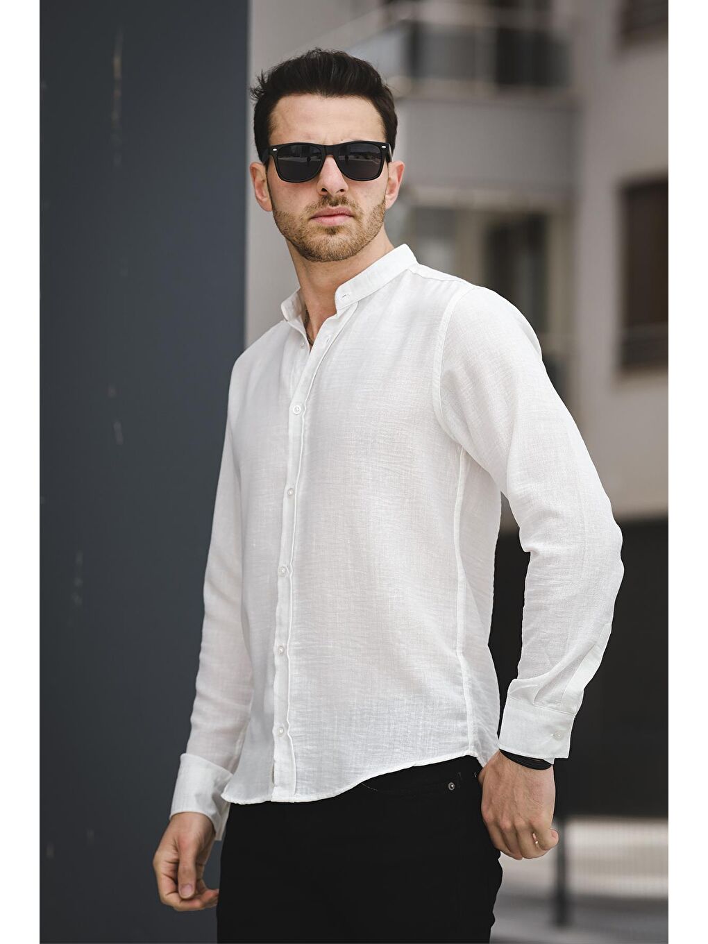 Beyaz Kırınkıl Desen Hakim Yaka Erkek Gömlek-3