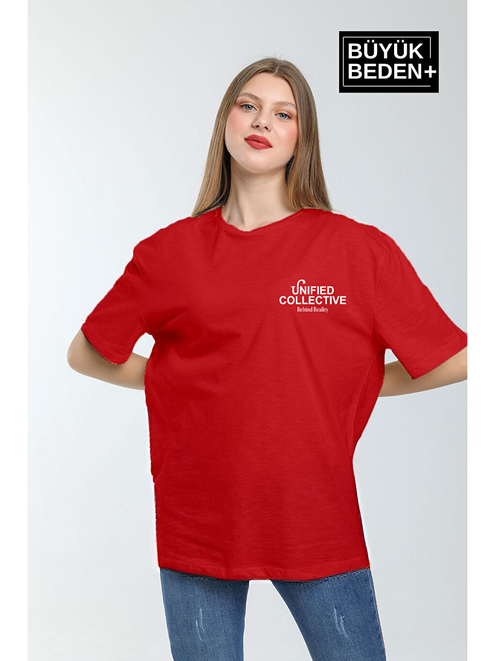 Kırmızı Kadın Büyük Beden Unified Collective Baskılı Bisiklet Yaka Tshırt SPR25BTSK905