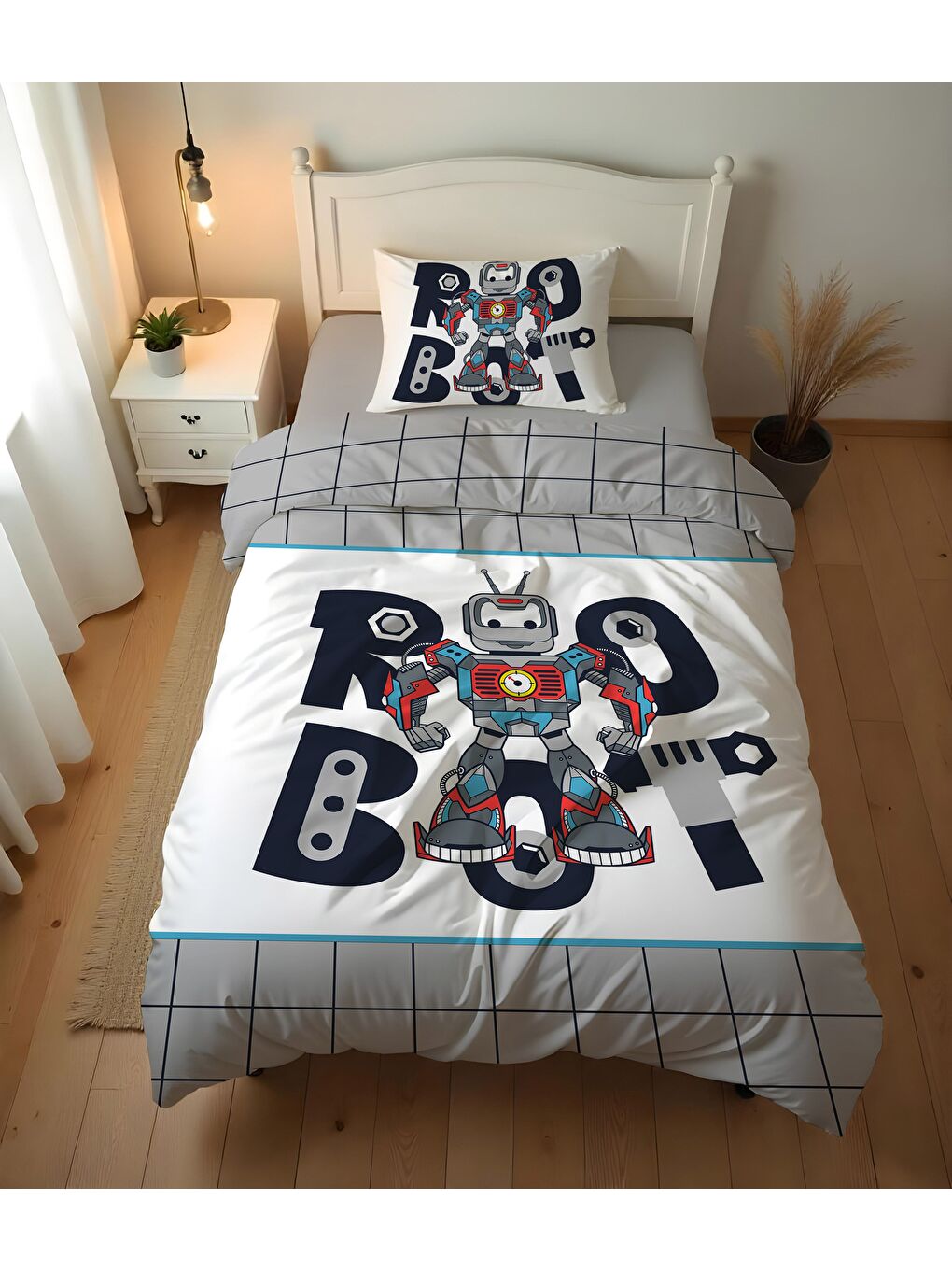 Karışık Çift Taraflı Robot Desenli - Baskılı Tek Kişilik Nevresim Takımı