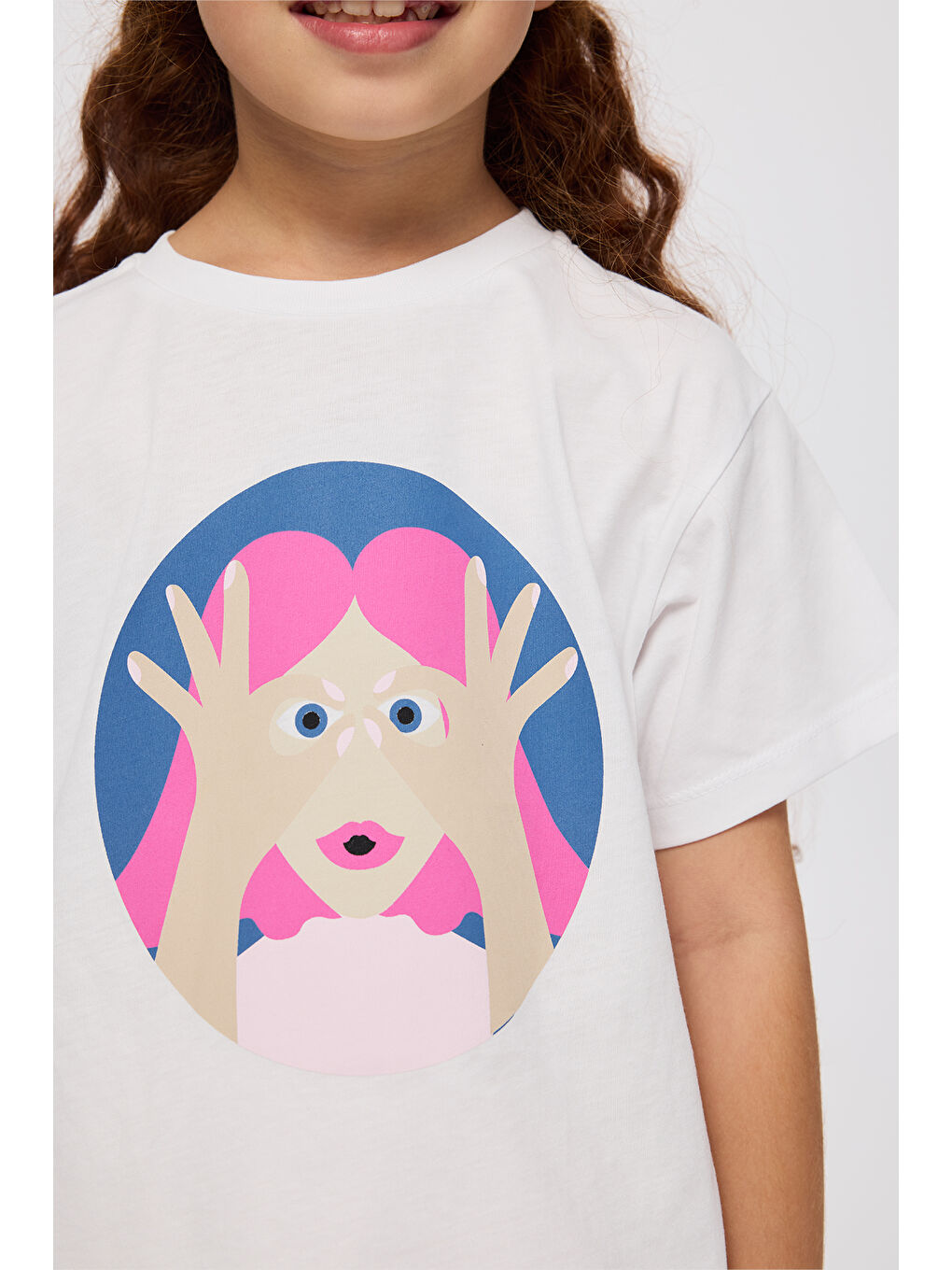 Kız Çocuk Bisiklet Yaka Baskı Detaylı Kısa Kollu Beyaz Tişört-3