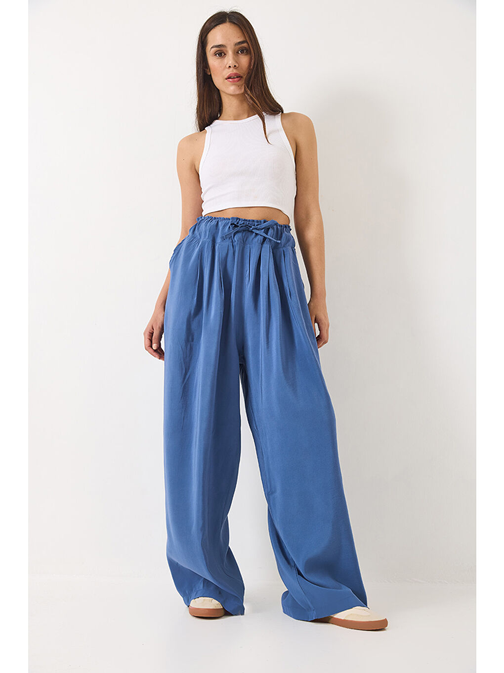 İndigo Kadın Yüksek Bel Geniş Lastikli Oversize Palazzo Pantolon-4