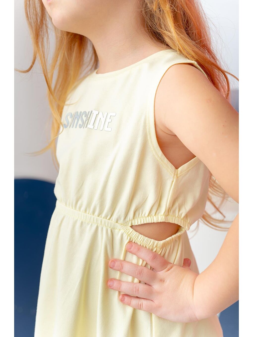 Kız Çocuk Yazı Baskılı Elbise - Sarı-3