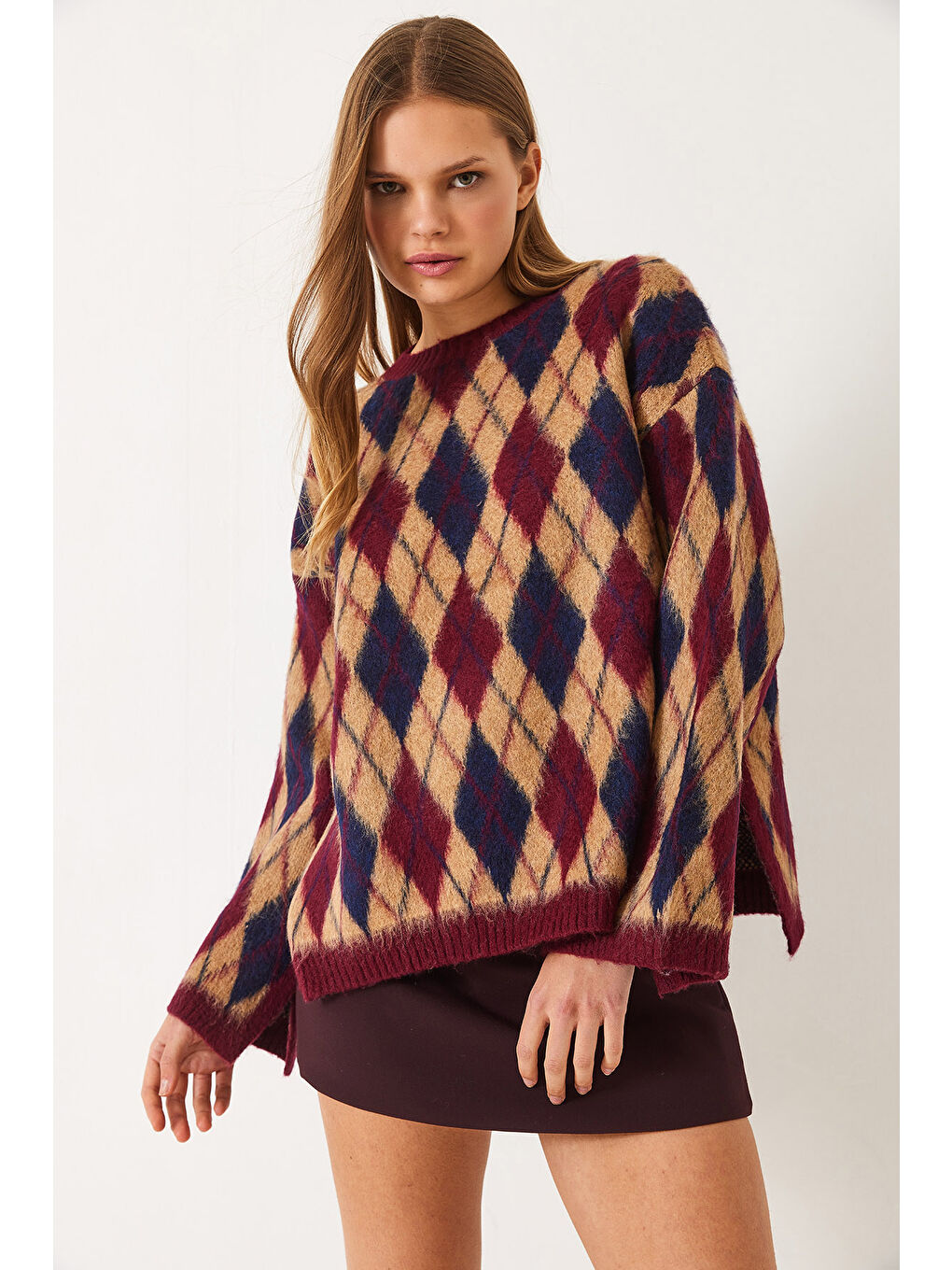 Bordo Kadın Şardonlu Baklavalı Yırtmaçlı Triko Kazak-2