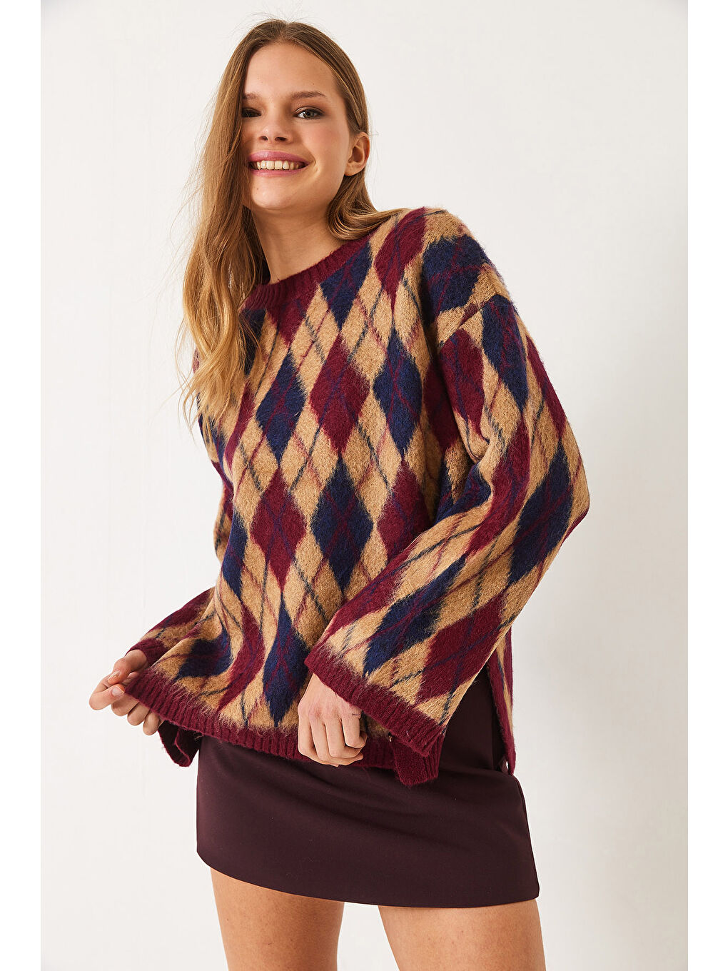 Bordo Kadın Şardonlu Baklavalı Yırtmaçlı Triko Kazak-3