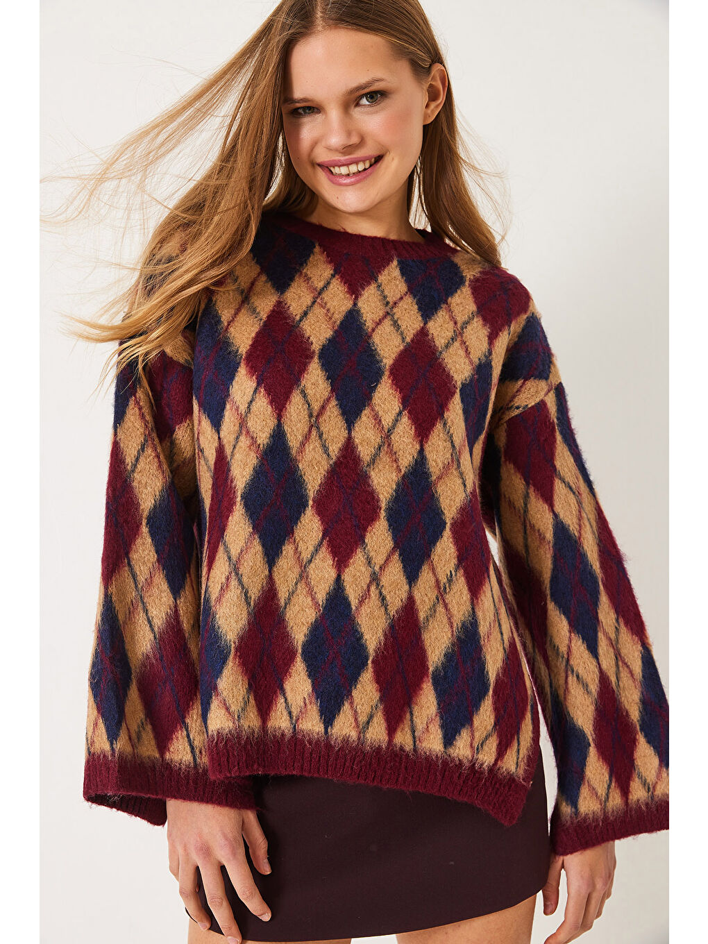 Bordo Kadın Şardonlu Baklavalı Yırtmaçlı Triko Kazak-4