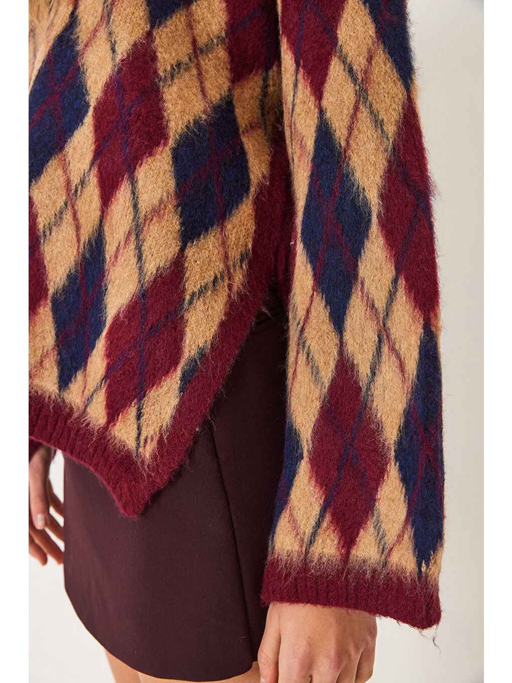 Bordo Kadın Şardonlu Baklavalı Yırtmaçlı Triko Kazak-5