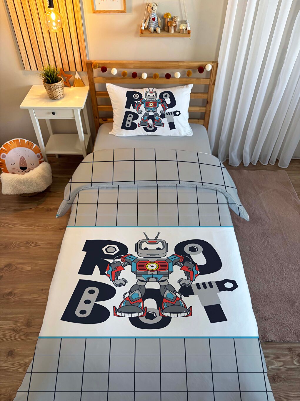 Karışık Çift Taraflı Robot Desenli - Baskılı Tek Kişilik Nevresim Takımı-1