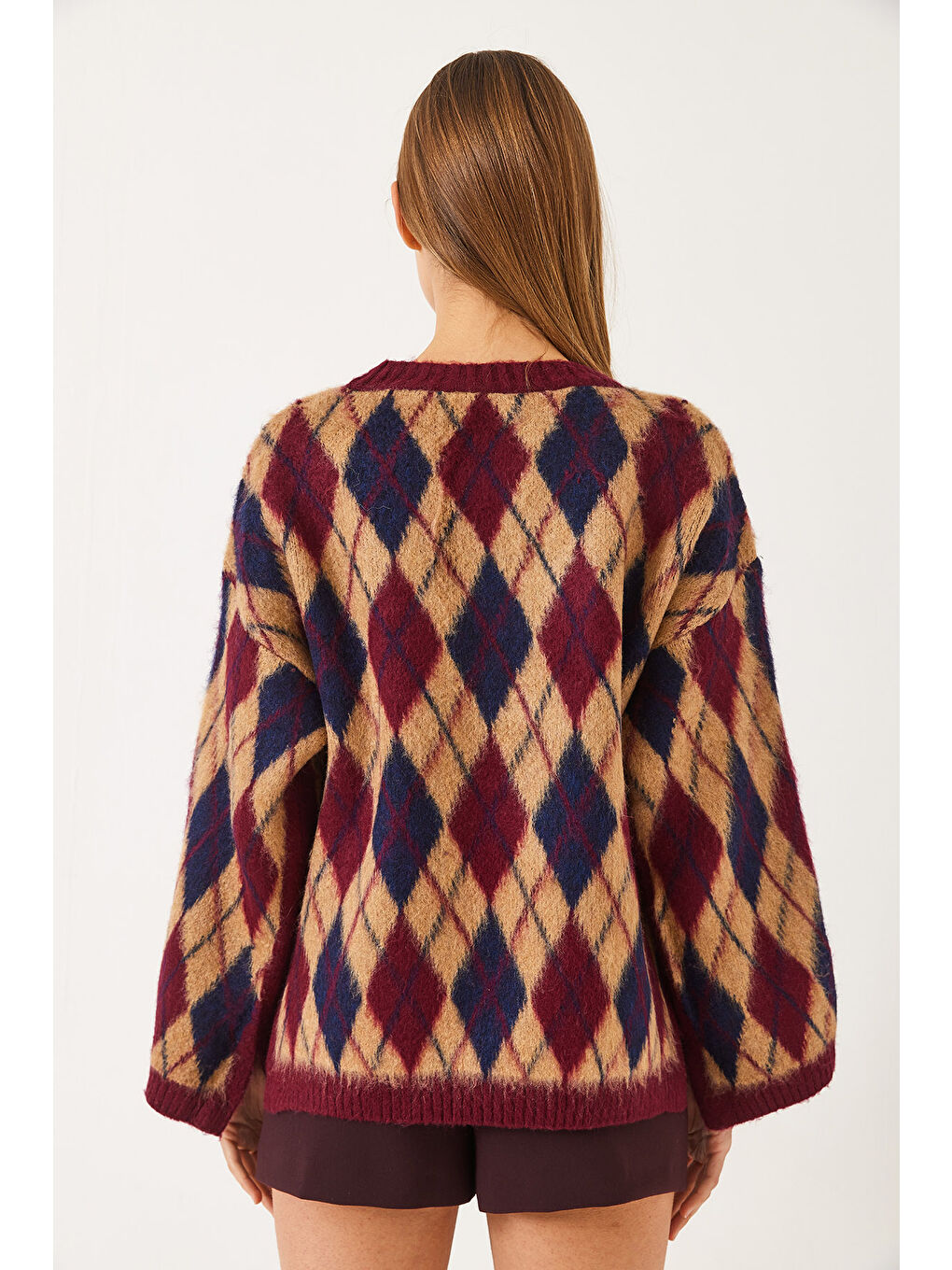 Bordo Kadın Şardonlu Baklavalı Yırtmaçlı Triko Kazak-7