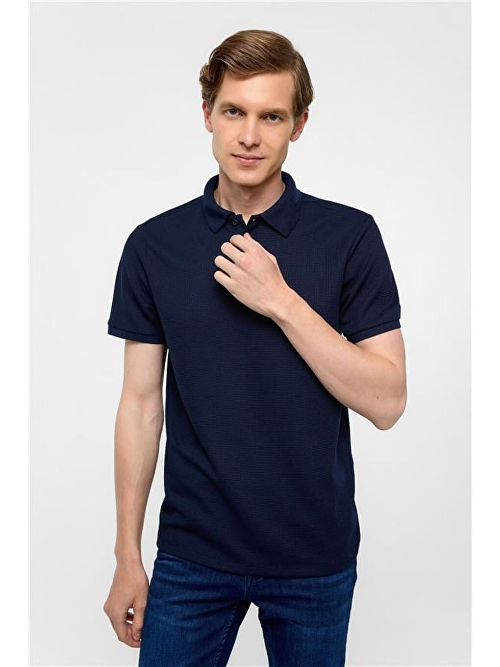 Lacivert Regular Armürlü Polo Yaka Tişört-1