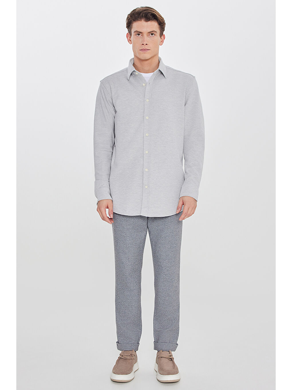 Erkek Gri Pamuklu Comfort Fit Rahat Kesim Klasik Yaka Örme Gömlek-1