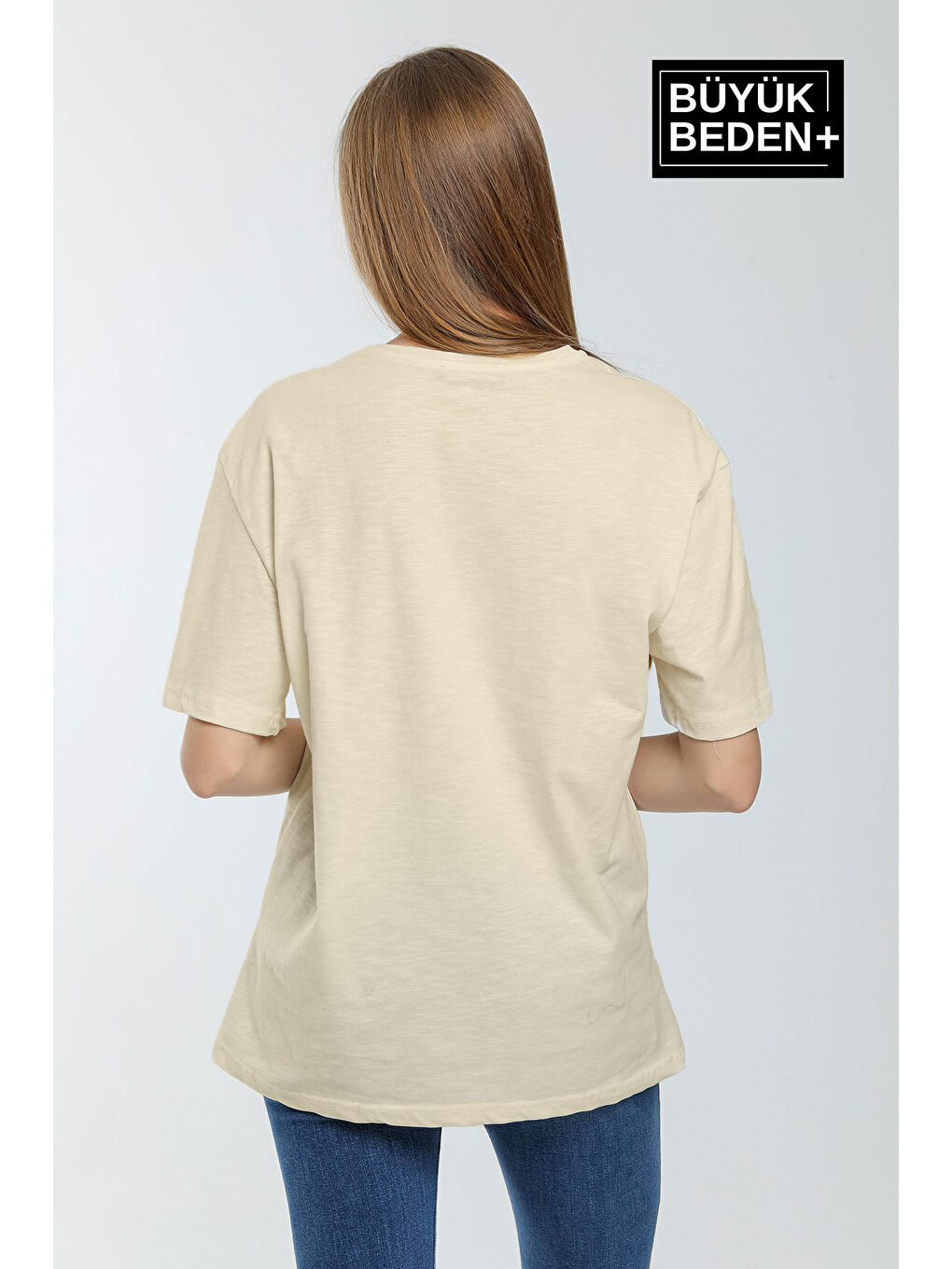 Bej Kadın Büyük Beden California 1974 Baskılı Bisiklet Yaka Tshırt SPR25BTSK06-1