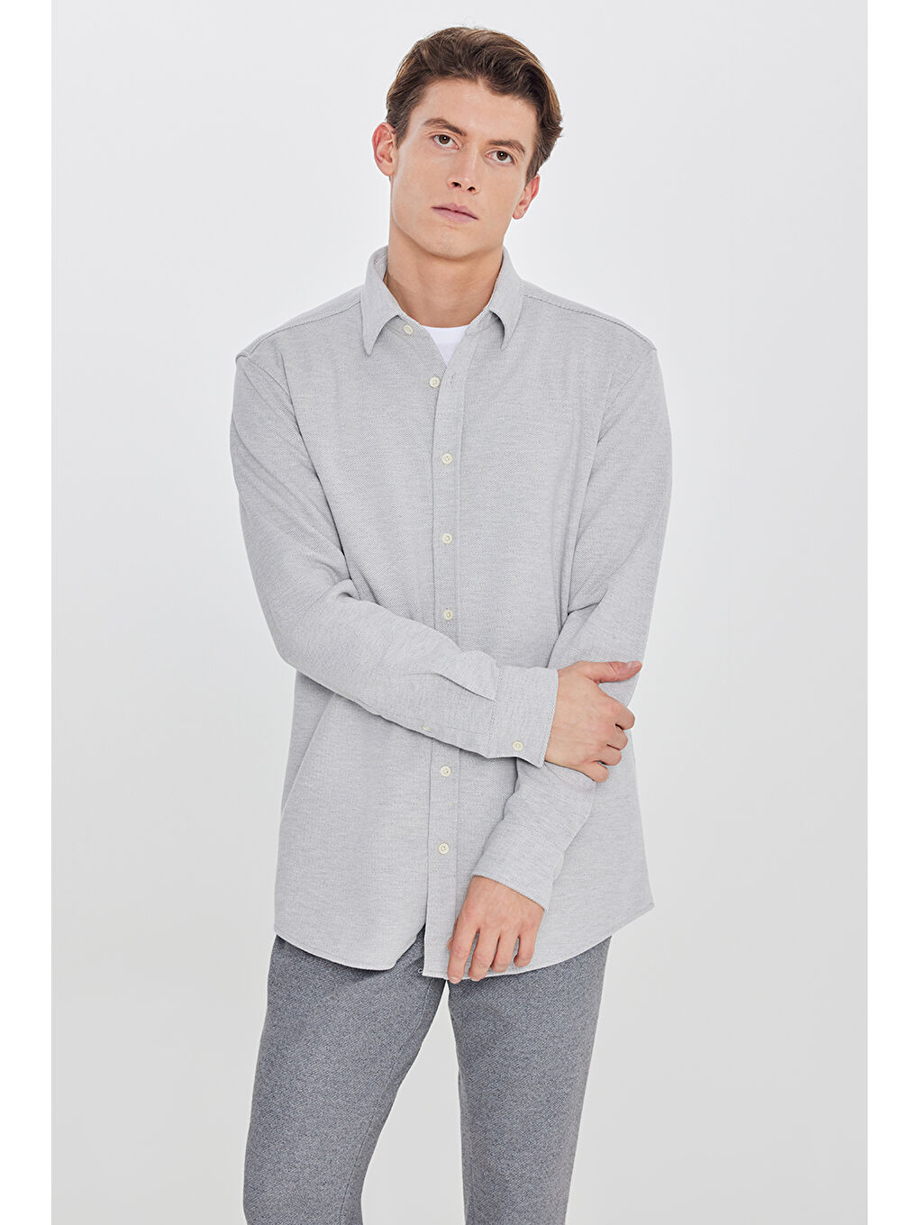 Erkek Gri Pamuklu Comfort Fit Rahat Kesim Klasik Yaka Örme Gömlek-2