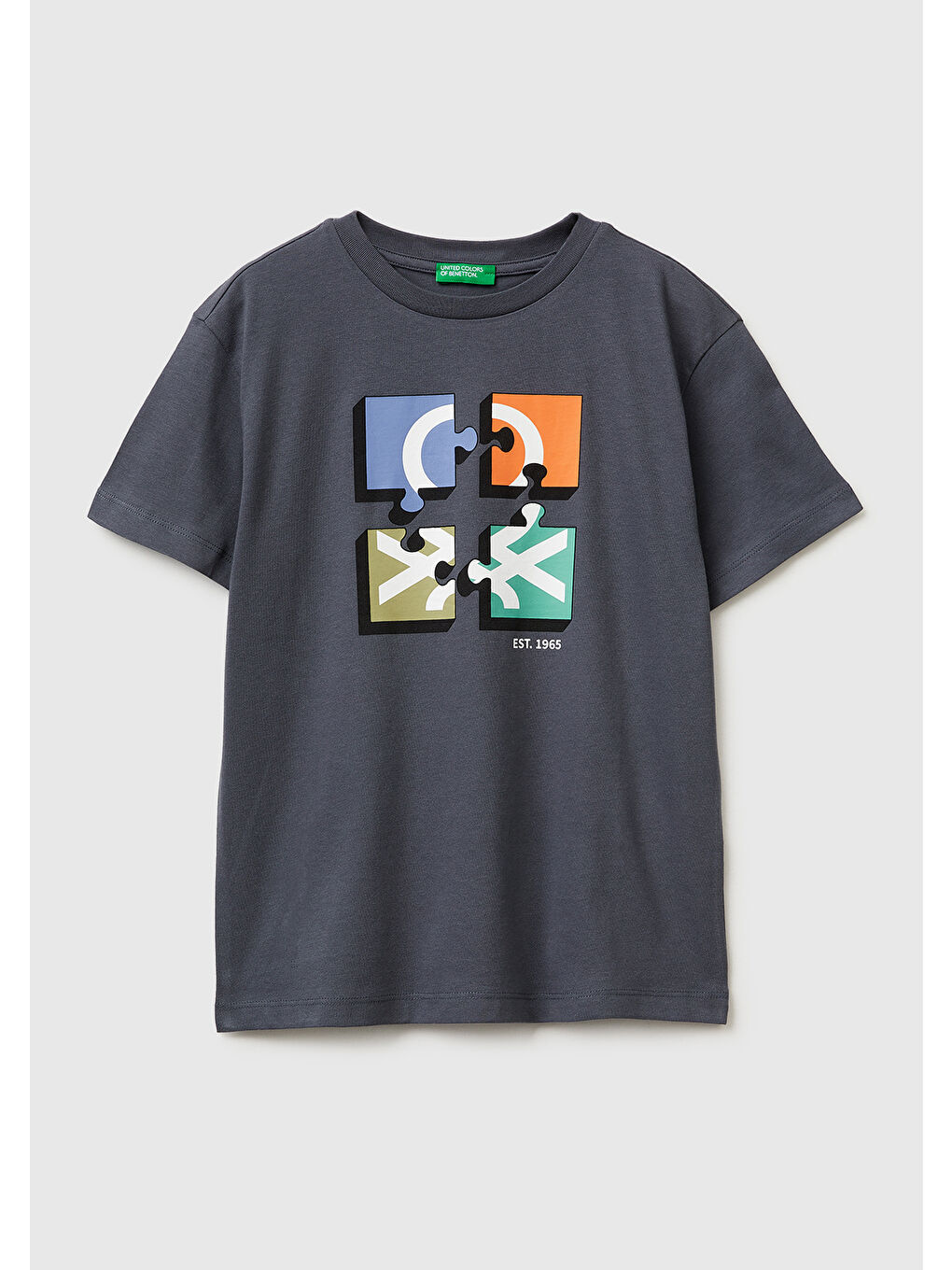 Erkek Çocuk Antrasit Önü Logo Baskılı Bisiklet Yaka T-Shirt