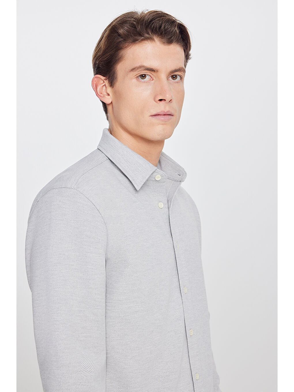 Erkek Gri Pamuklu Comfort Fit Rahat Kesim Klasik Yaka Örme Gömlek-3