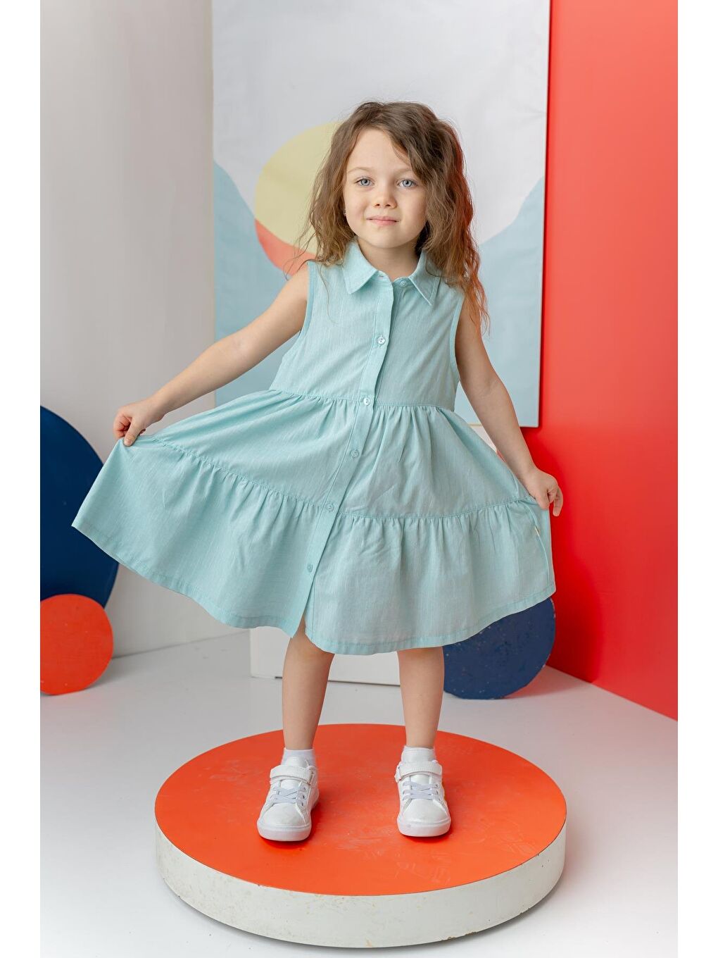 Yeşil Kız Çocuk Fırfırlı Gömlek Yaka Elbise - Mint