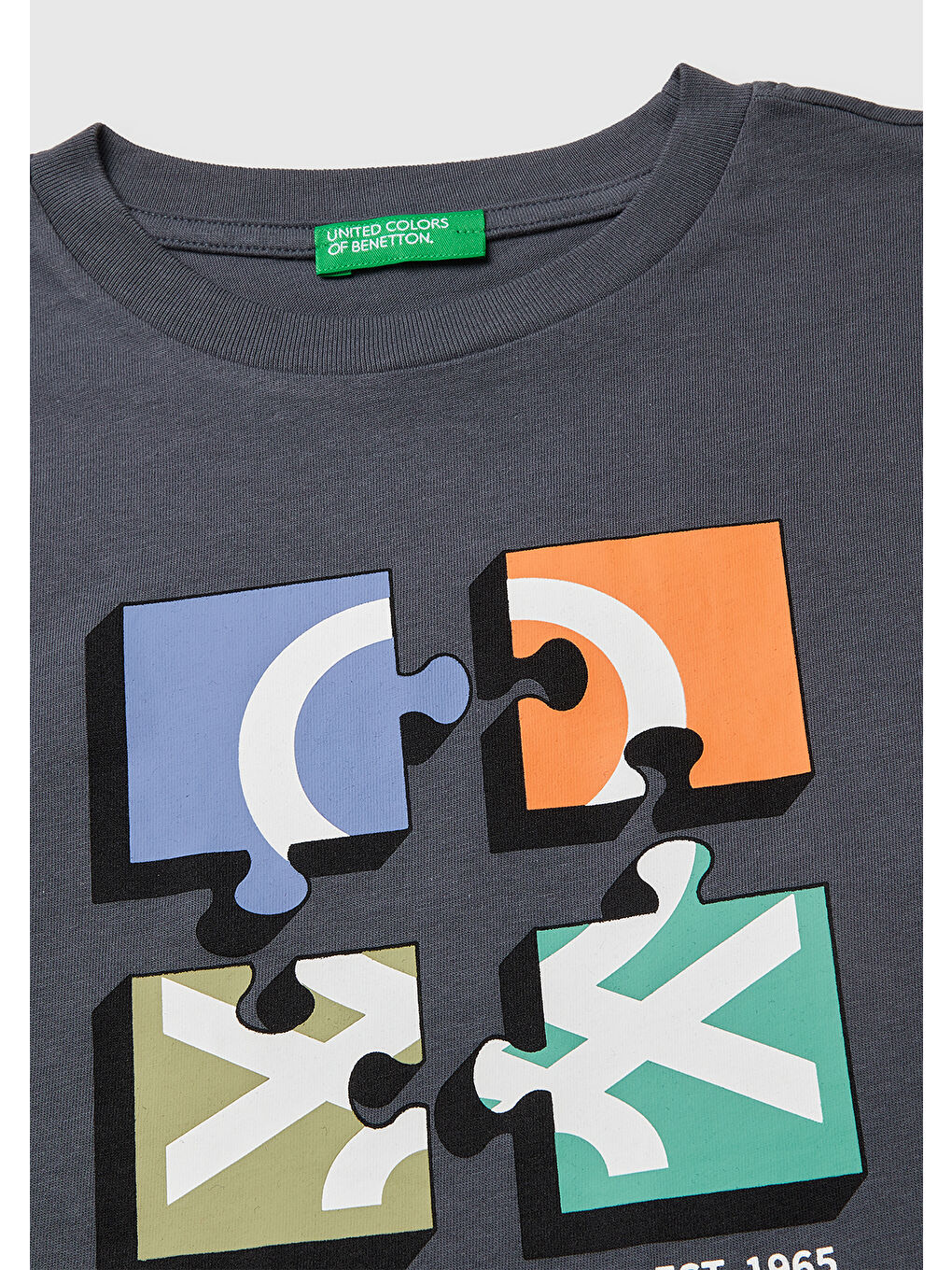Erkek Çocuk Antrasit Önü Logo Baskılı Bisiklet Yaka T-Shirt-2