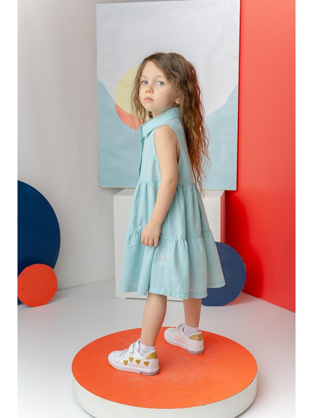 Yeşil Kız Çocuk Fırfırlı Gömlek Yaka Elbise - Mint-1