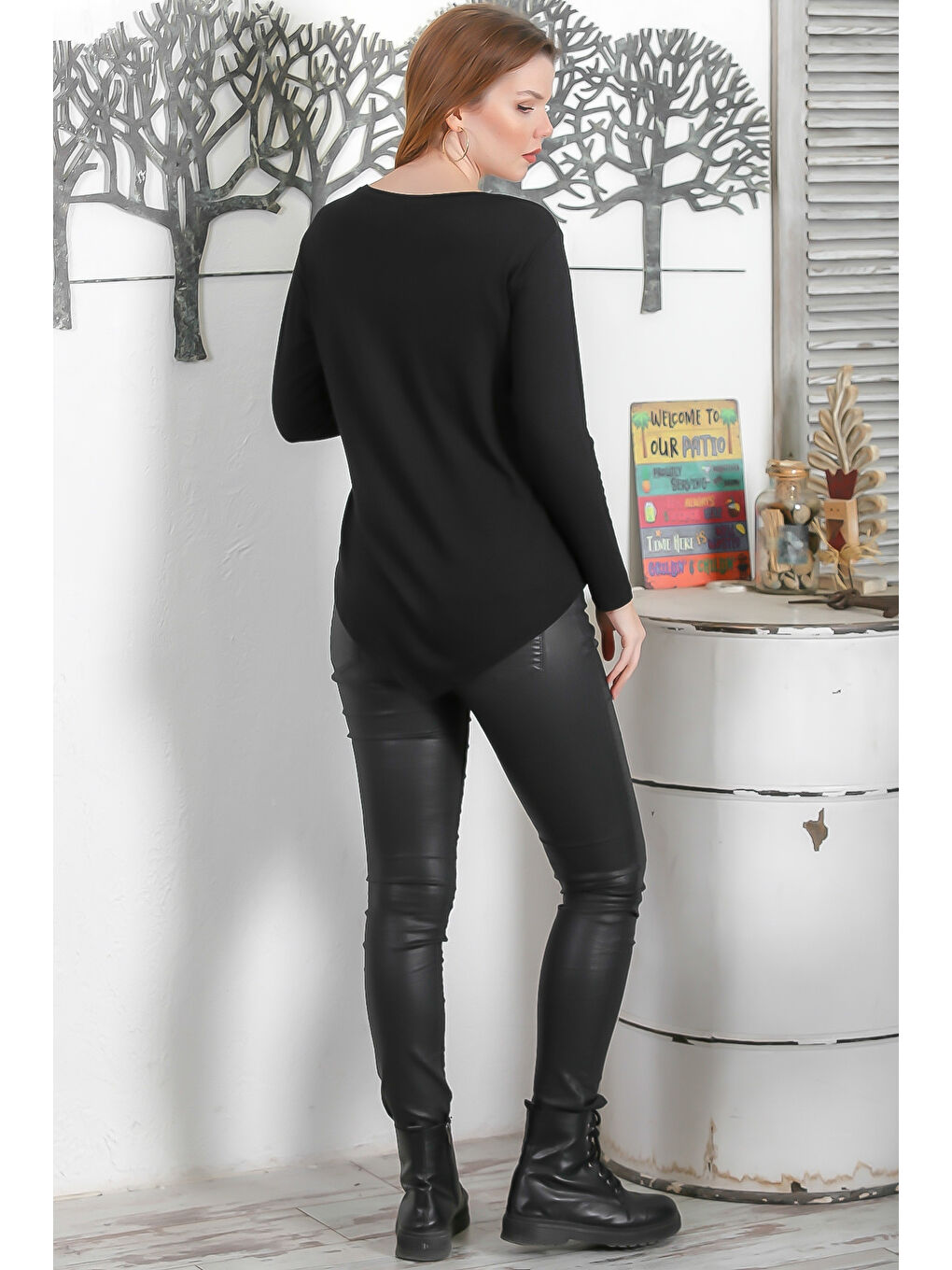 Siyah Yuvarlak Yaka Uzun Kol Leopar Desenli Tüllü Casual Asimetrik Örme Bluz-7