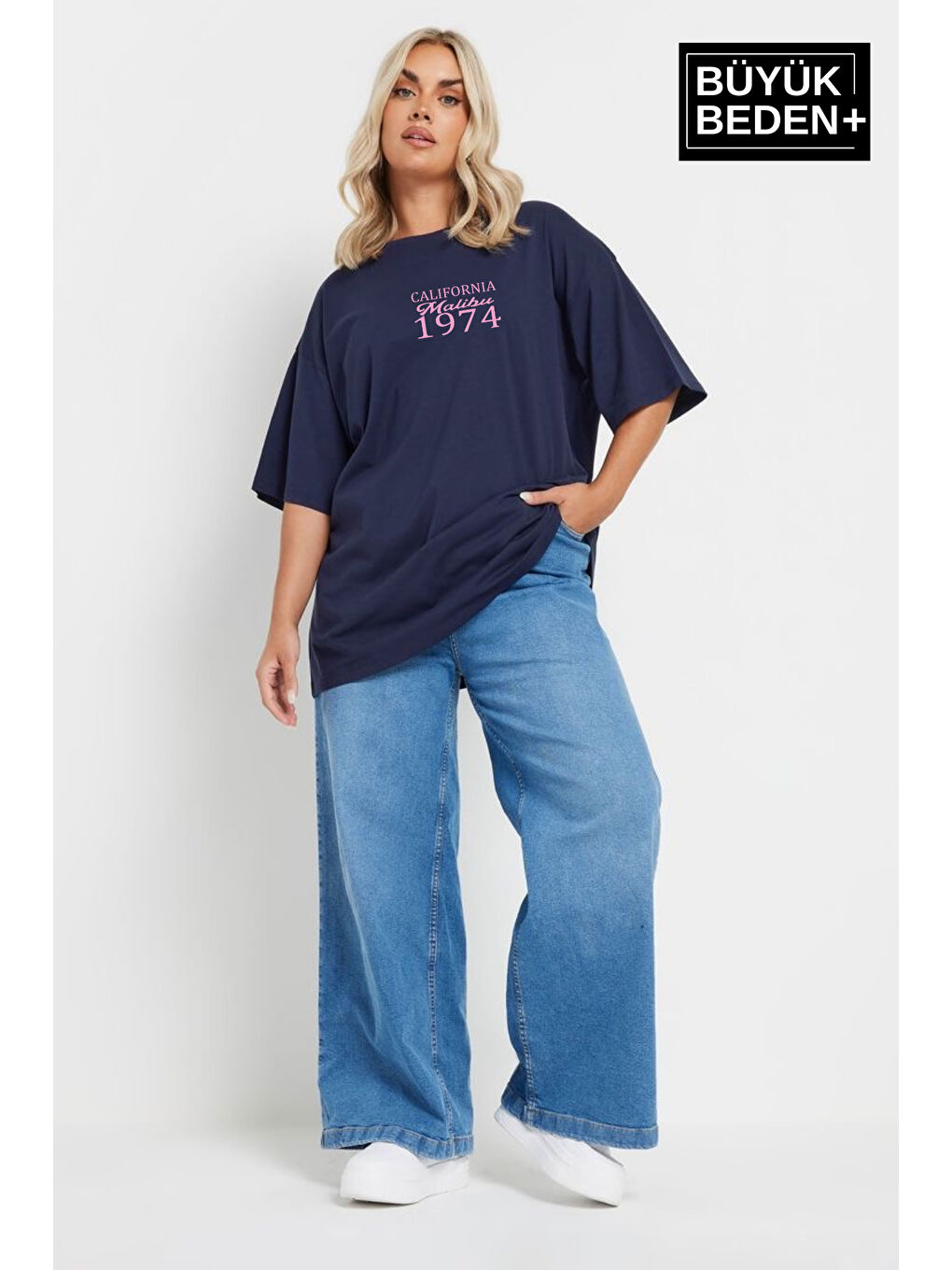 Lacivert Kadın Büyük Beden California 1974 Baskılı Bisiklet Yaka Tshırt SPR25BTSK06