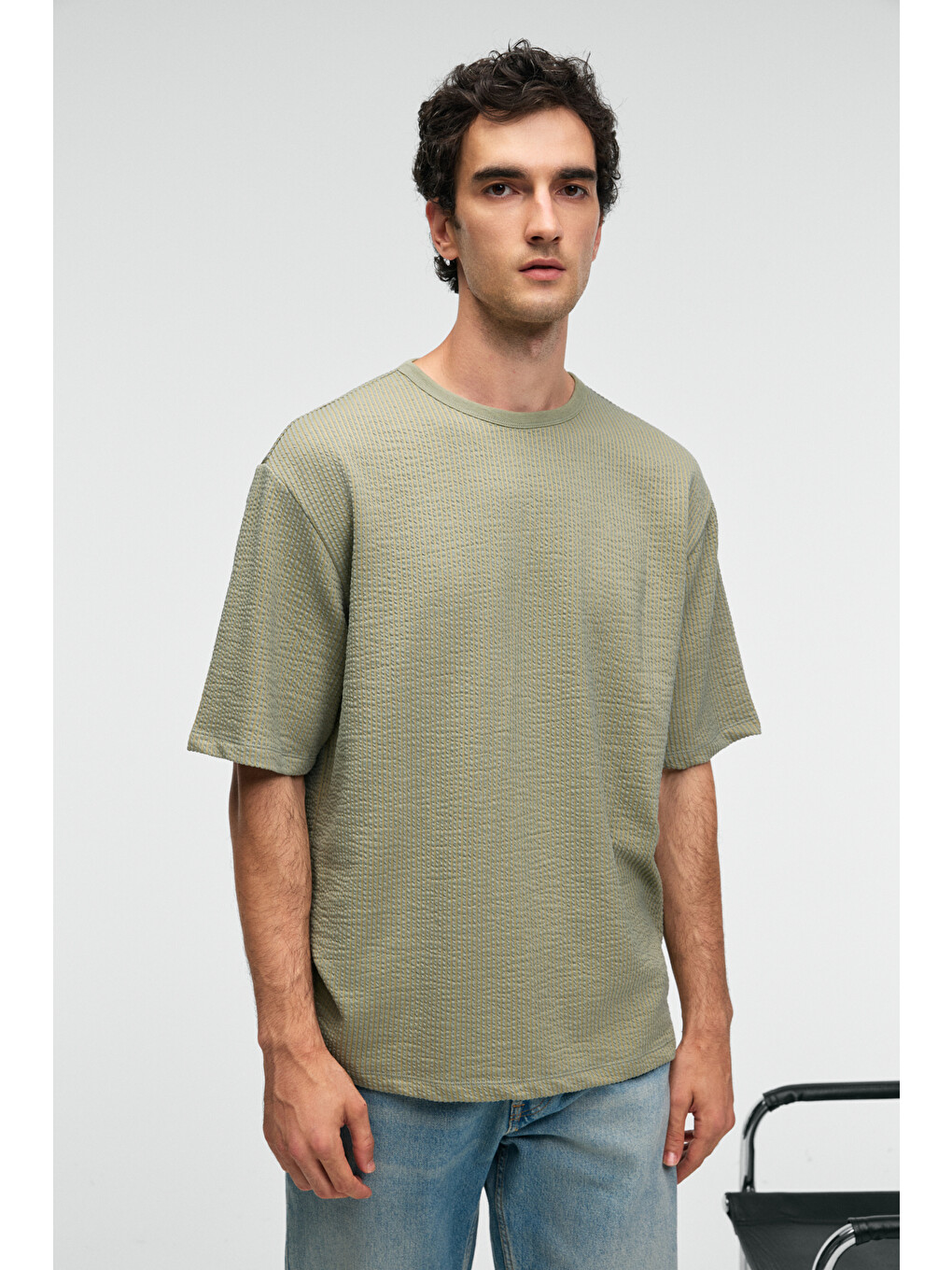 Vıntage Erkek Kısa Kollu Yuvarlak Yaka Dokulu Gofre Kumaş Regular Fit Haki T-shirt