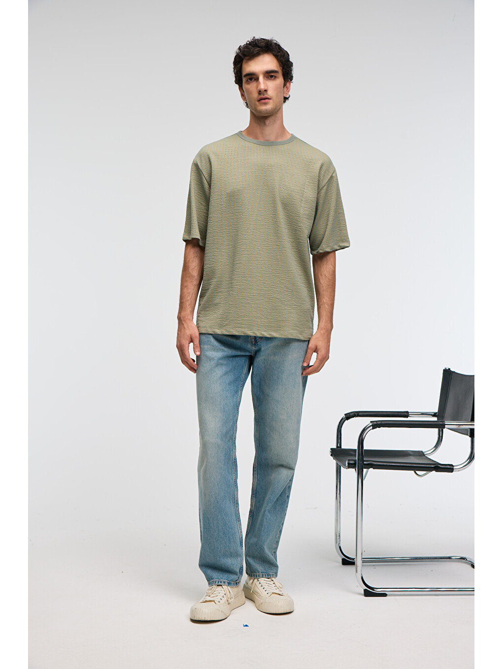 Vıntage Erkek Kısa Kollu Yuvarlak Yaka Dokulu Gofre Kumaş Regular Fit Haki T-shirt-1