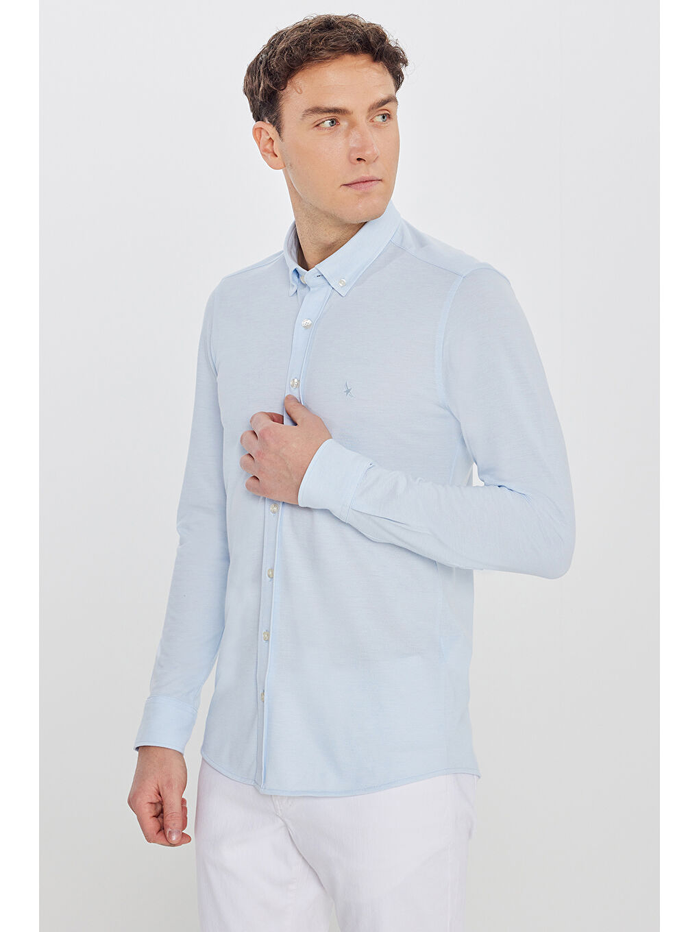 Erkek Mavi 360 Her Yöne Esneyen Pamuklu Tailored Slim Fit Dar Kesim Düğmeli Yaka Örme Gömlek-2