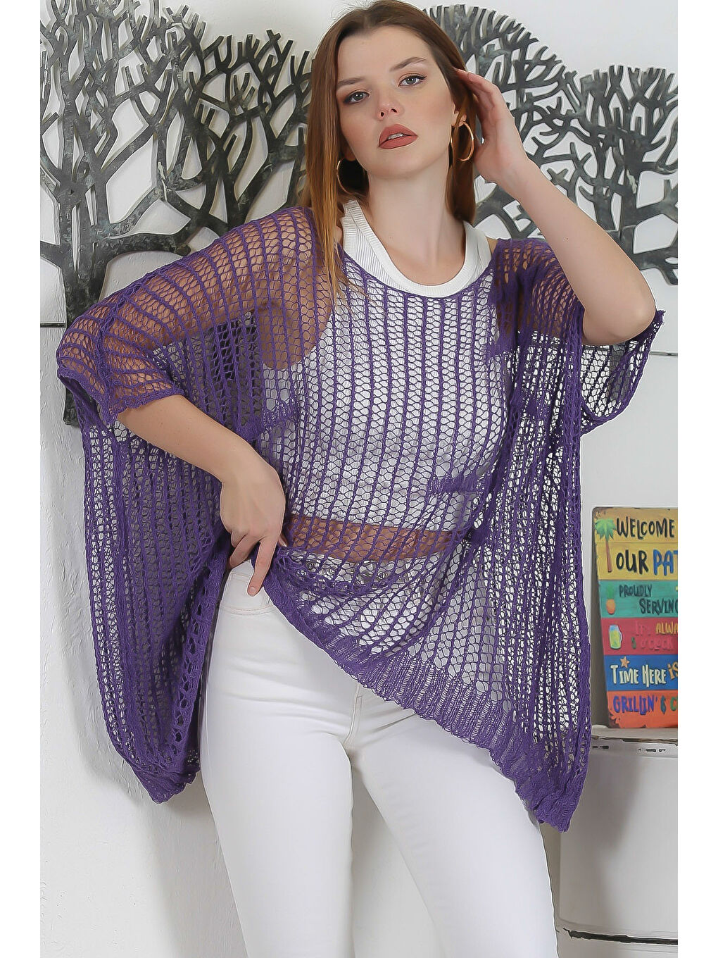 Mor Kayık Yaka Kolsuz File Casual Oversize Triko Bluz