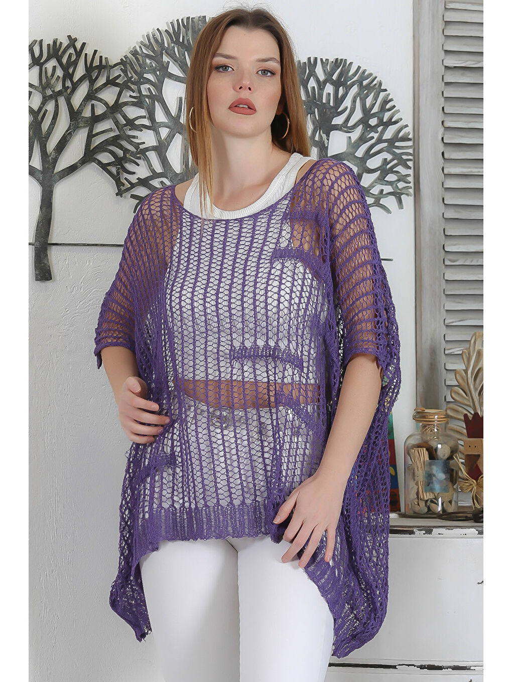 Mor Kayık Yaka Kolsuz File Casual Oversize Triko Bluz-1