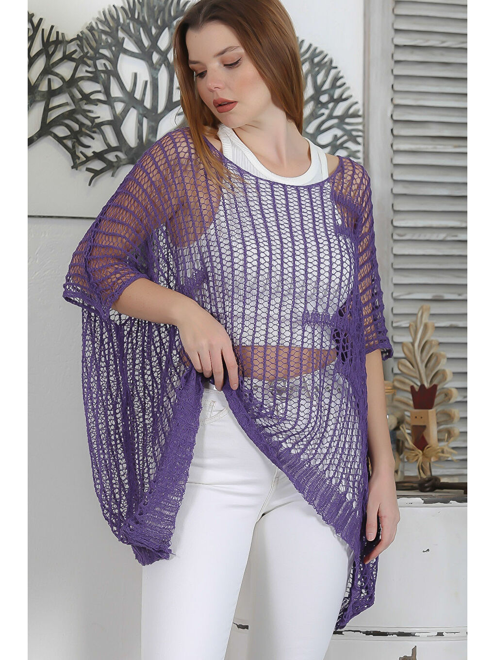 Mor Kayık Yaka Kolsuz File Casual Oversize Triko Bluz-2