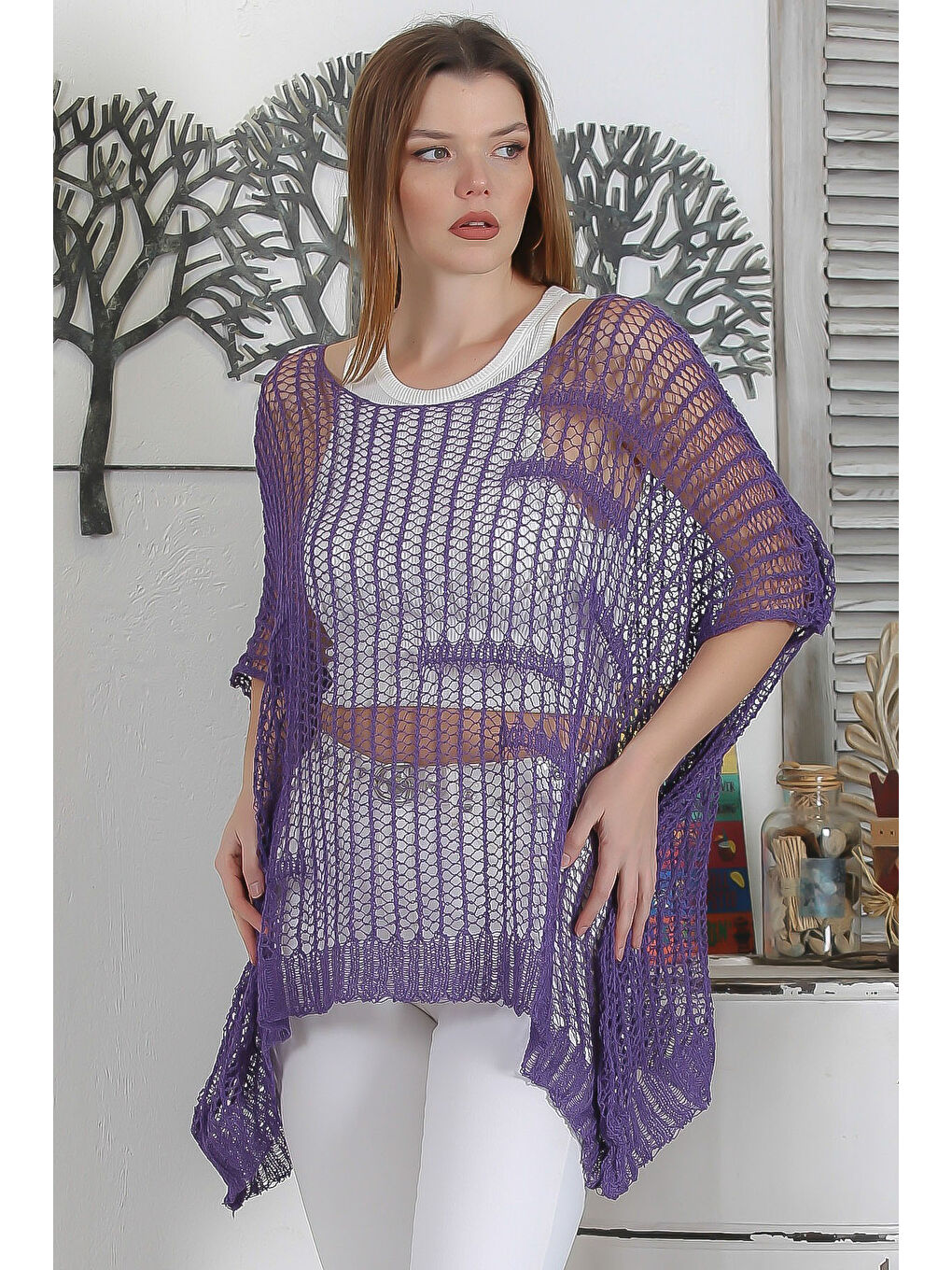 Mor Kayık Yaka Kolsuz File Casual Oversize Triko Bluz-3