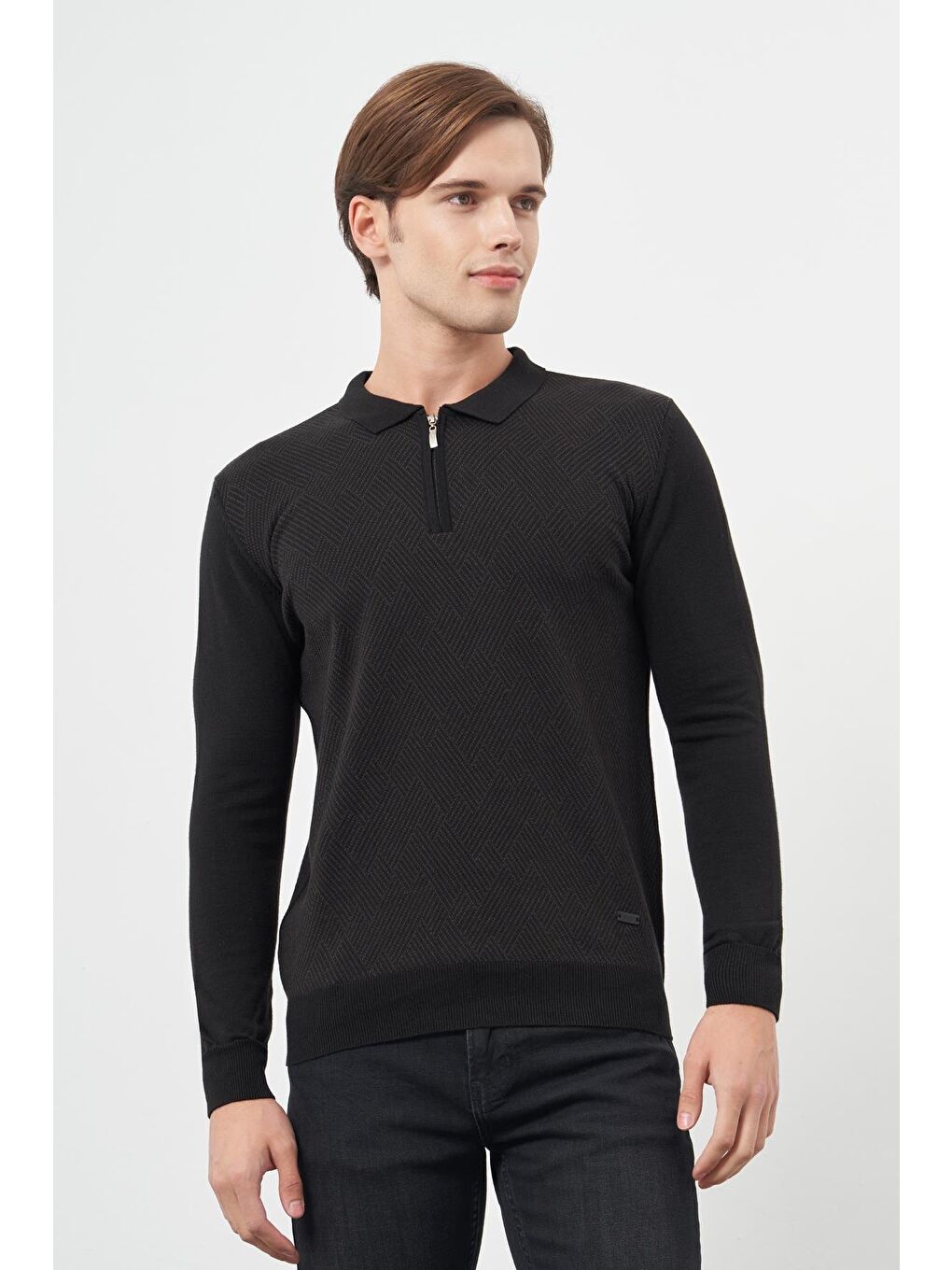 Siyah Uzun Kol Kendinden Desenli Örme Polo Yaka Classic Comfort Fit Triko 1012245160