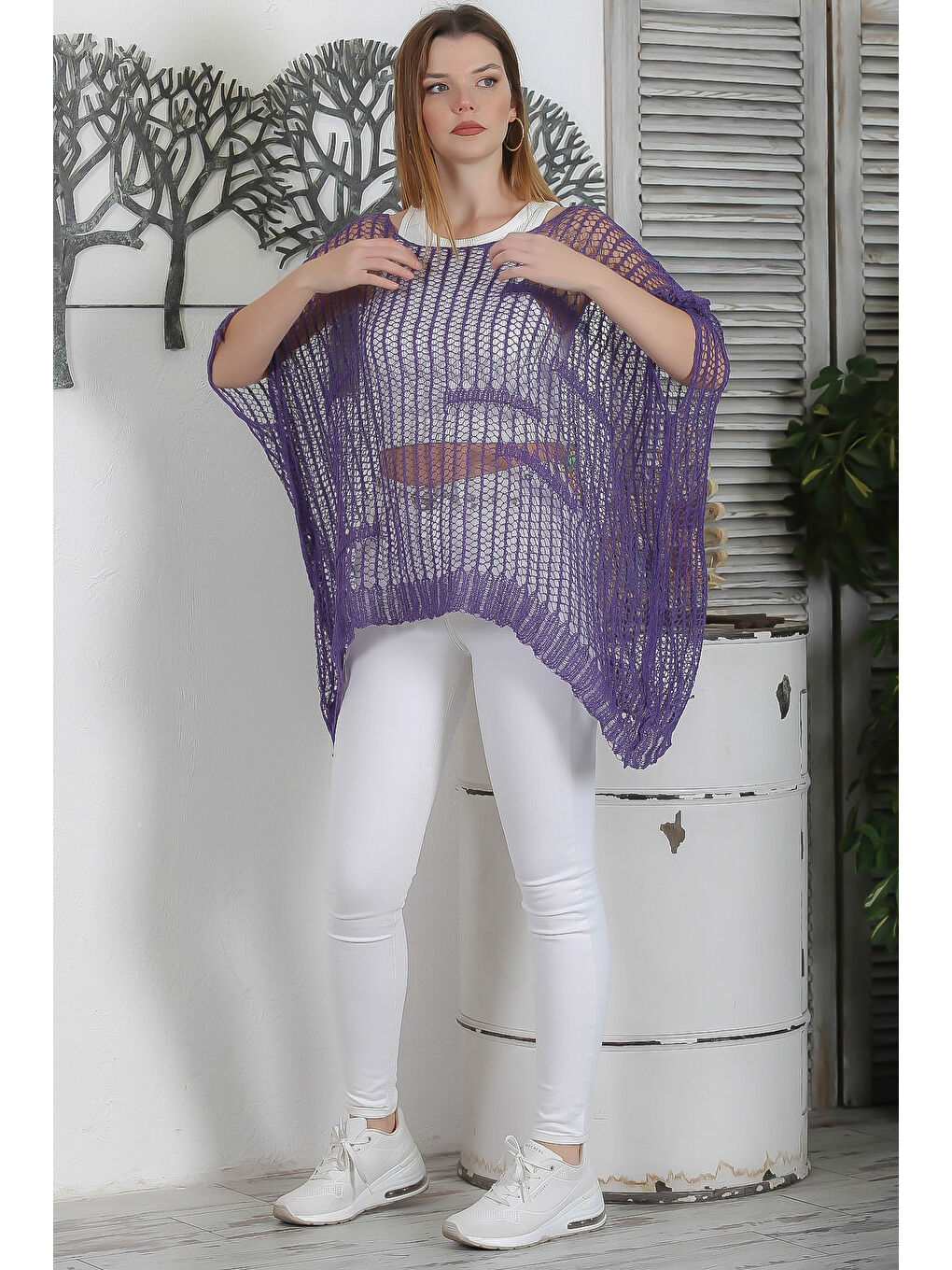 Mor Kayık Yaka Kolsuz File Casual Oversize Triko Bluz-4