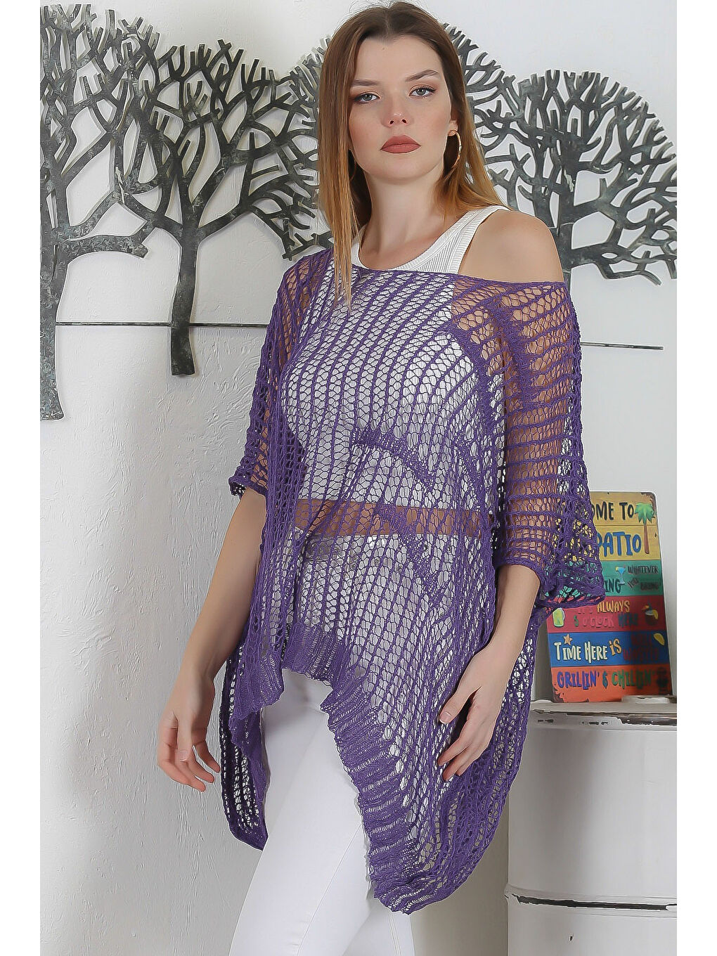 Mor Kayık Yaka Kolsuz File Casual Oversize Triko Bluz-5